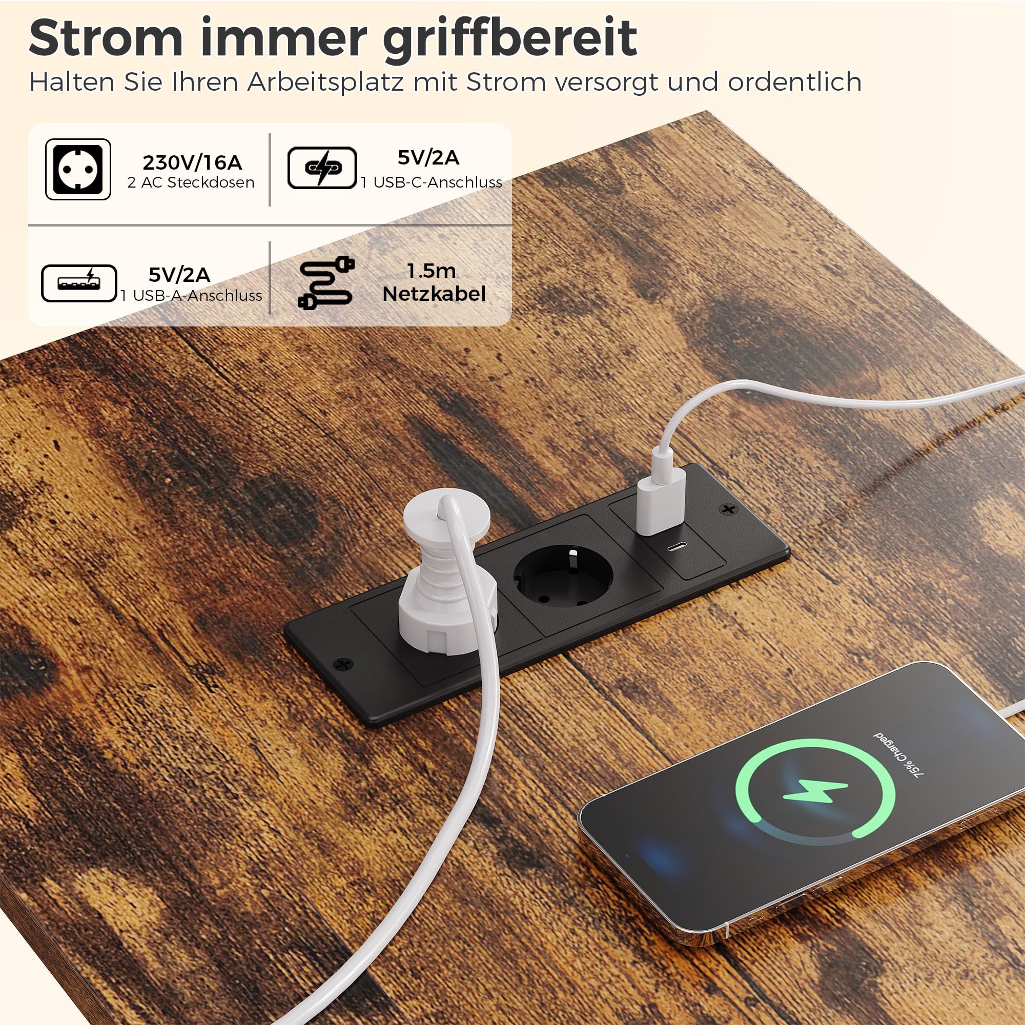 IRONCK Höhenverstellbarer Schreibtisch 160x80cm mit Steckdose, 3 Schubladen | Reversible Elektrisch Computertisch, USB-C-Anschluss, 3 Speichertasten, stufenlos verstellbar, Stehtisch für Büro, Braun