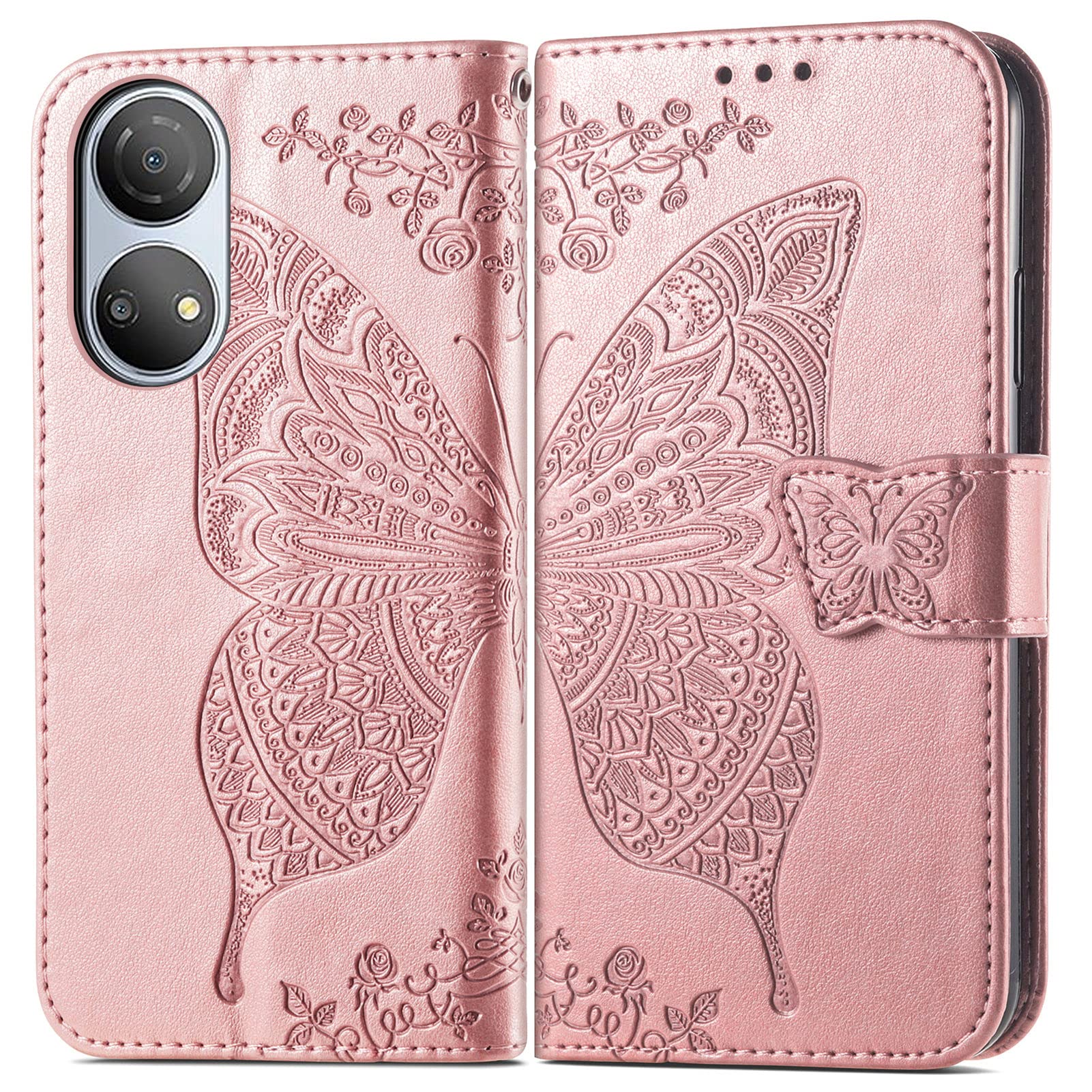 Custodia MOJIA Per Honor X7 A Portafoglio, Con Farfalla, Chiusura Magnetica, 3 Slot Per Carte, Cavalletto E Cinturino, Rosa Oro