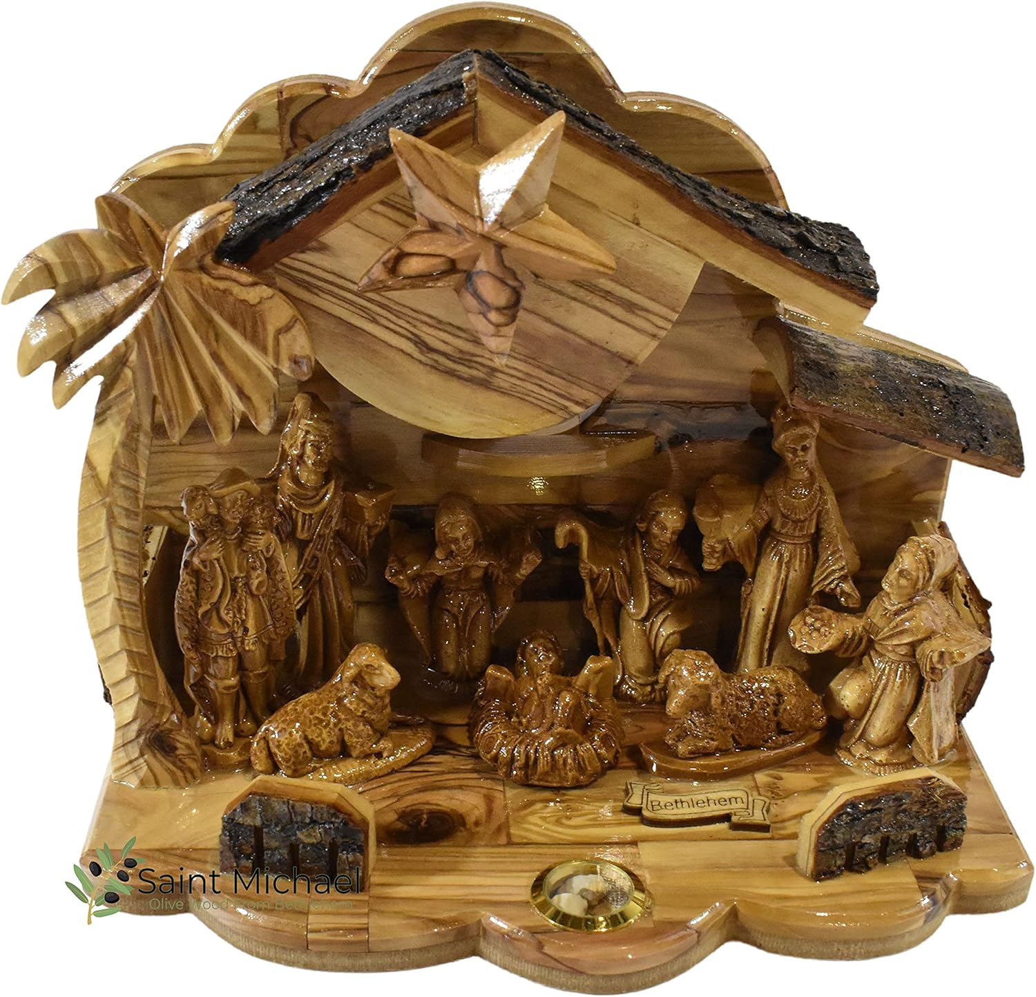 Bethlehem Wooden Nativity Set with Bark Roof Made of Olive Wood in The Holy Land - Christmas Nativity for Home Décor - Christmas Nativity
