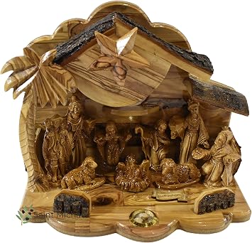 Olive Wood Nativity Set with Silent Night Music Box, Handmade in Bethlehem, 8.75-Inch Holy Family Christmas Manger Scene with Ceramic Figurines, Christian Religious Gift and Decor