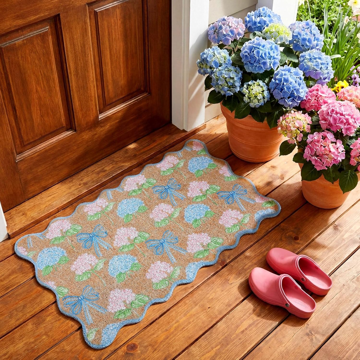 Dunzy Hydrangea Doormat Blue Scalloped Hydrangea Bow Coir Door Mat Spring Indoor Outdoor Front Non-Slip Welcome Mat Decorative Rug for Home Entrance Porch