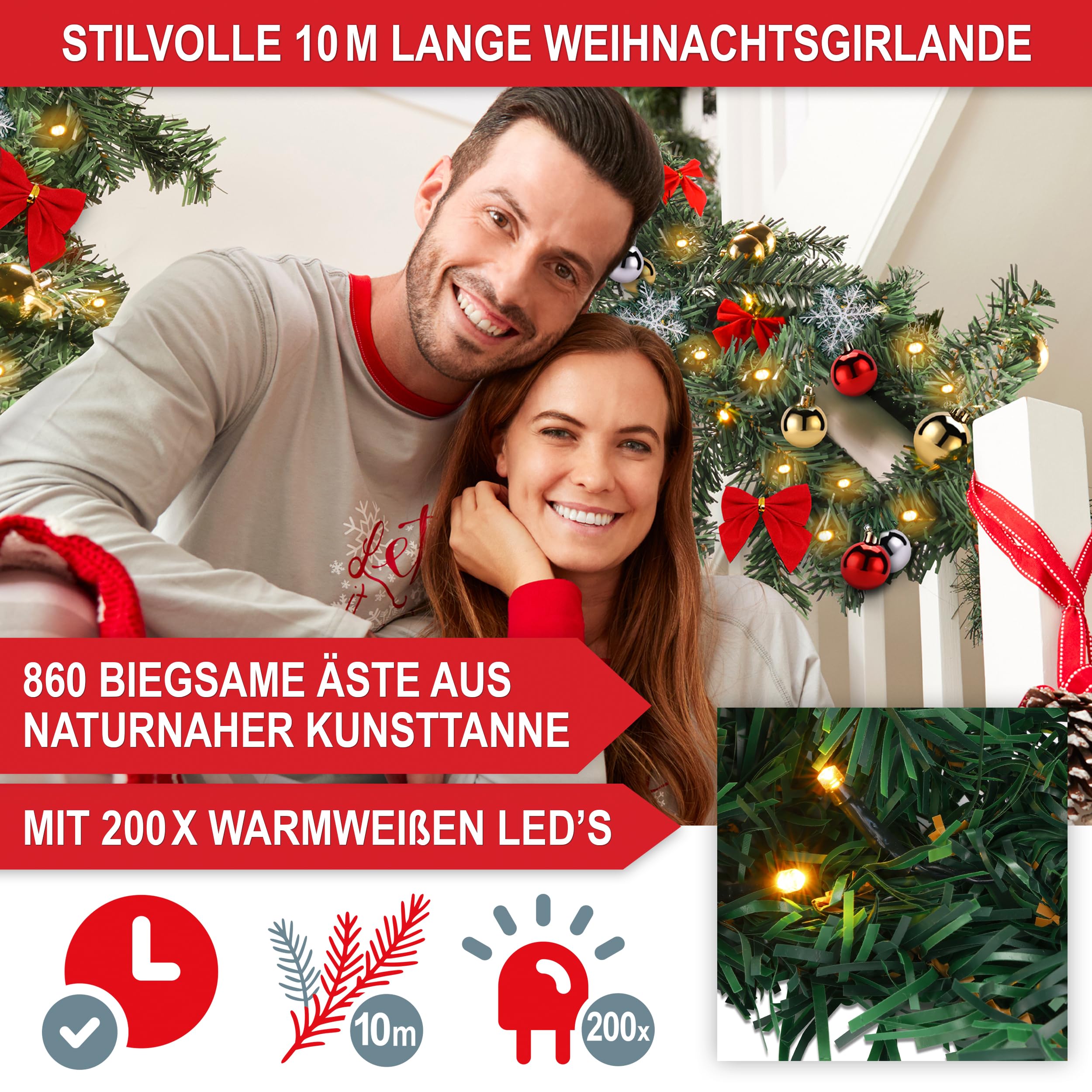 ONBEST Weihnachts-Girlande 10m mit Beleuchtung 100 LEDs warmweiß – Fernbedienung, Timer, 7 Lichteffekte – Weihnachtsdeko Tannengrün mit Lichterkette & Deko für In- & Outdoor (10 Meter)
