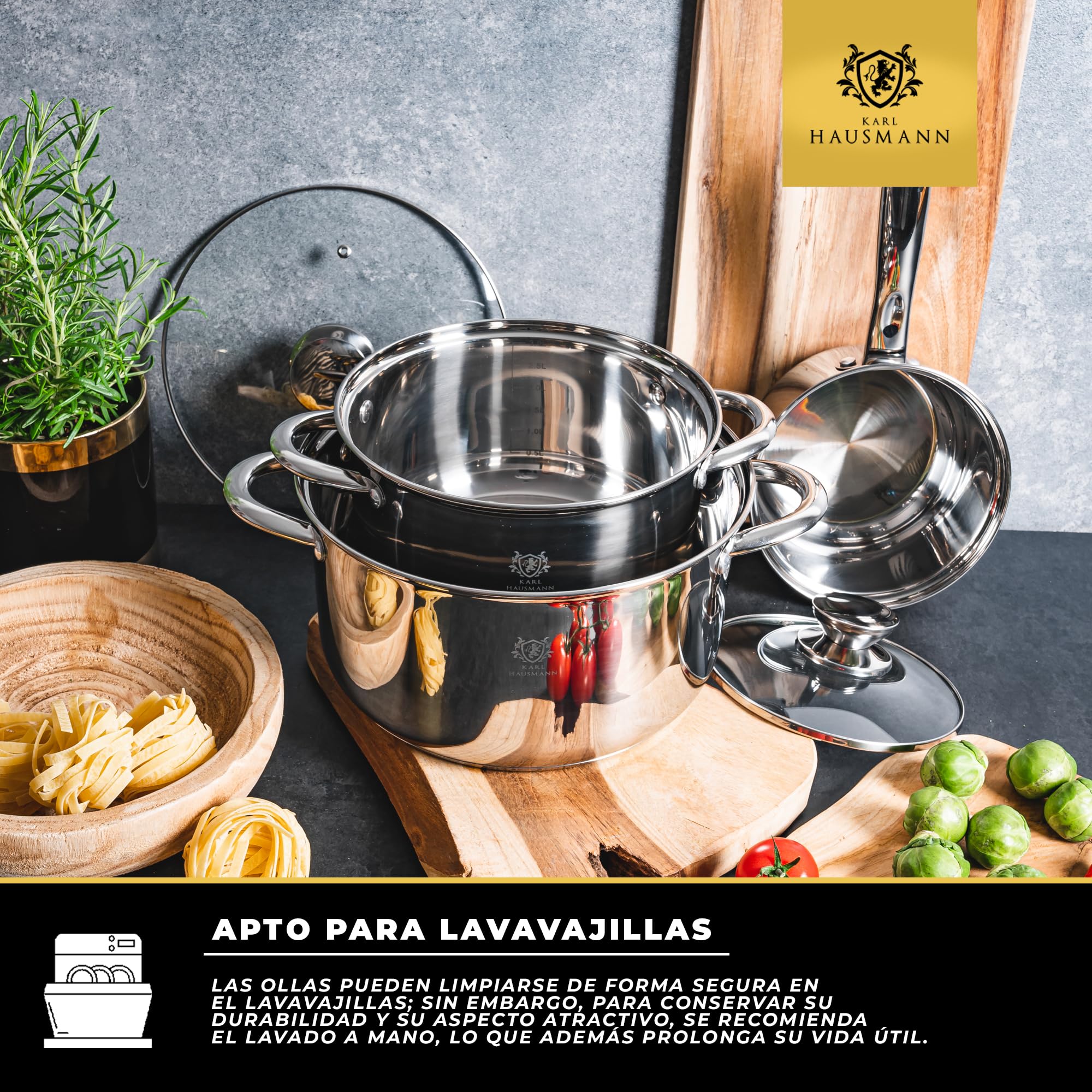 KARL HAUSMANN Bateria Cocina Acero Inoxidable con Tapa de Vidrio - 2 Ollas y 1 Cazo, Aptas para Inducción, Fondo Multicapa para Cocción Uniforme, Válidas para Todo Tipo de Cocinas