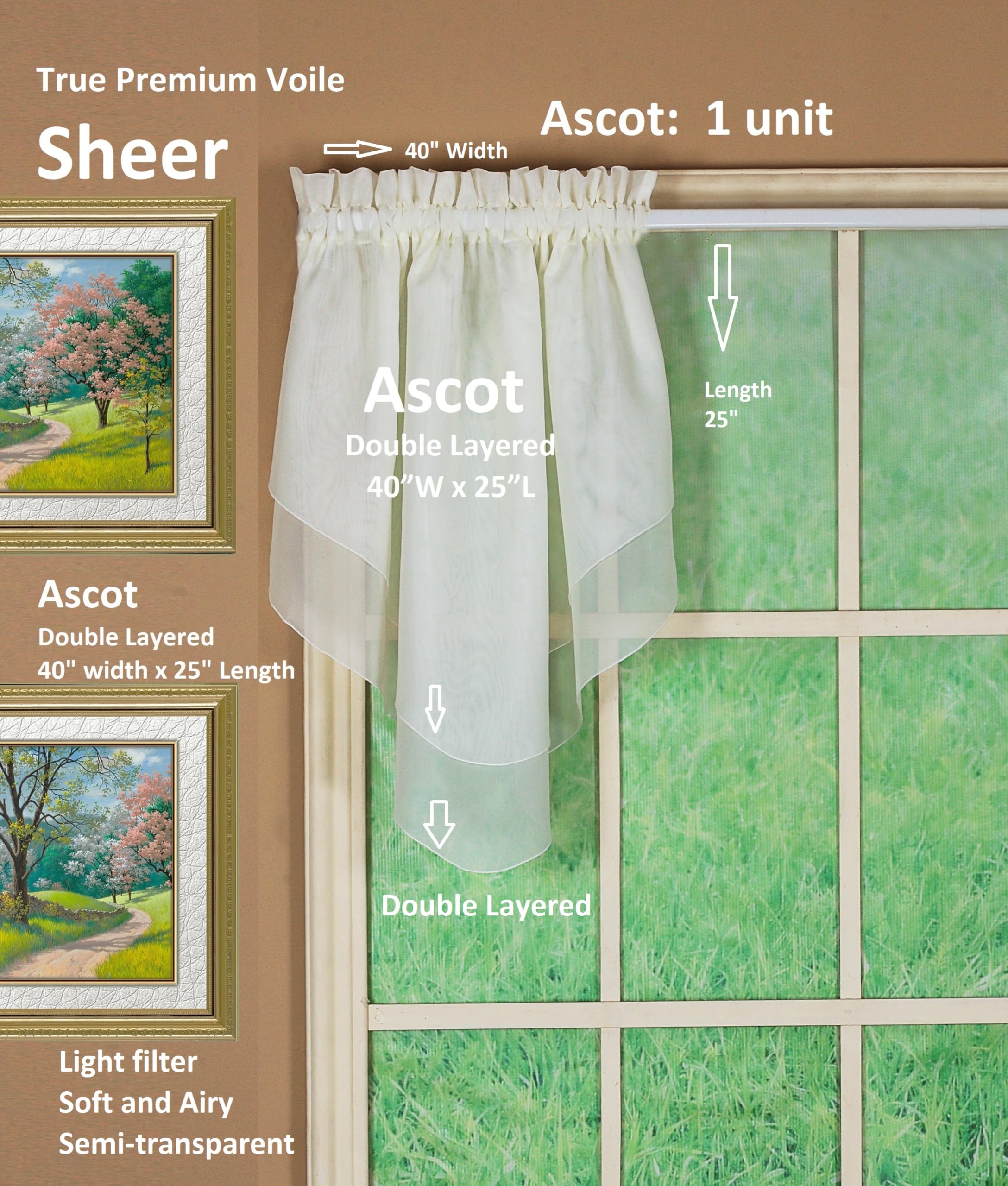 Today's Curtain Emelia Original Voile Ascot 25", Ecru, 40" W x 25" L, W 40" x L 25" (1 Panels) - Image 2
