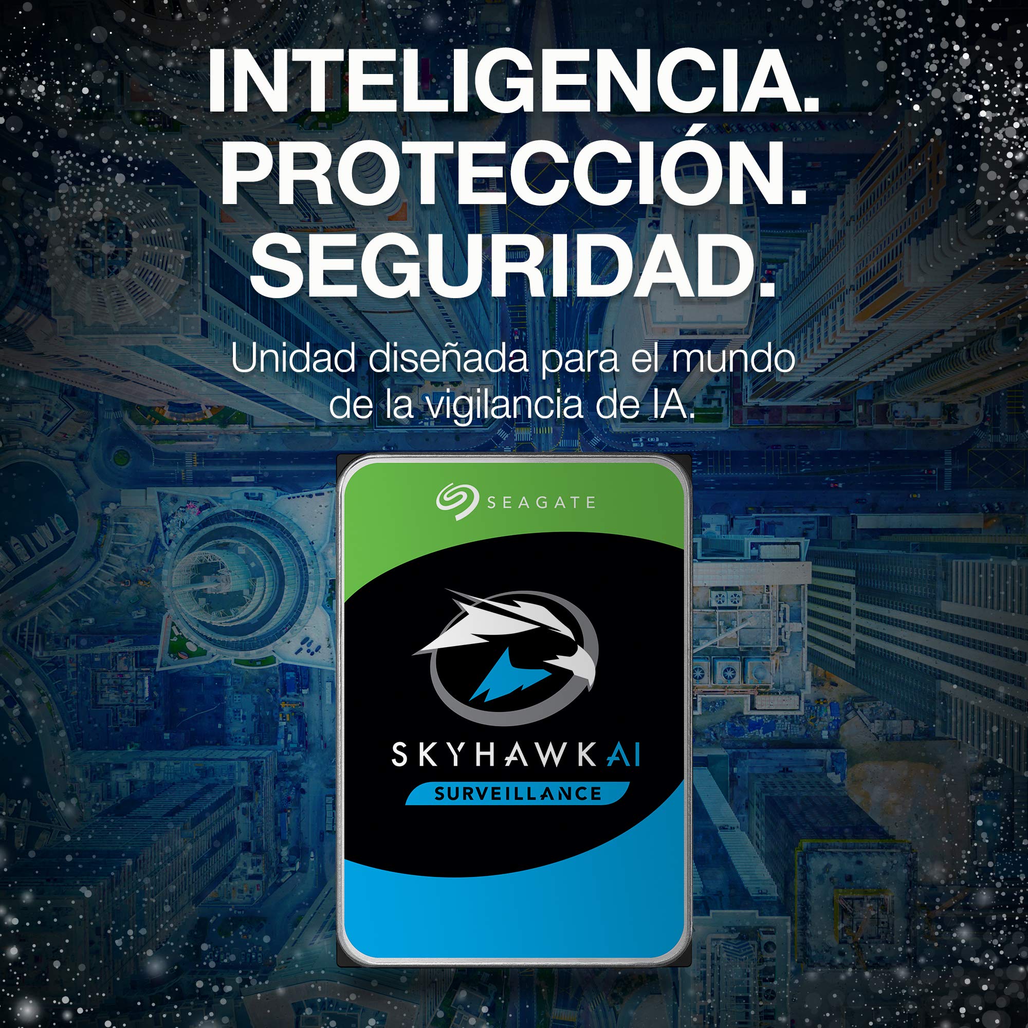 Seagate SkyHawk AI, 16 TB, Unidad Disco Duro Interna de Vigilancia, SATA a 6 GB/s, Caché de 256 MB, DVR, Sistema de cámaras de seguridad NVR y 3 años de servicios Rescue (ST16000VE000)
