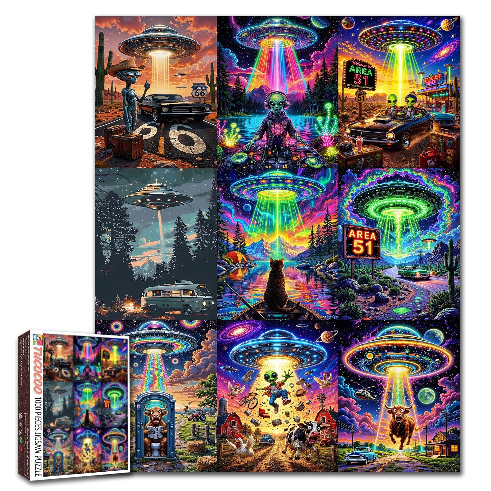 UFO Alien Puzzle 1000 Teile für Erwachsene, farbenfrohes fliegendes und Area 51-Puzzle mit Wüstenstraßen-Landschaften und lustigen Abenteuerszenen, Retro-Kunstwerk-Herausforderungspuzzles, Geschenk