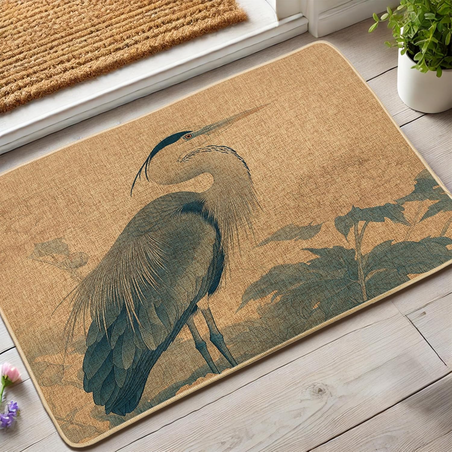 Heron Door Mat, Blue Great Blue Heron Doormat for Outdoor & Indoor Entrance Nature Decor, Rubber Waterproof Non-Slip Dust Absorbent Front Doormat, Easy Clean 29x17 Inch
