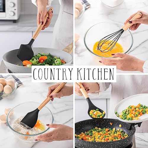 Miniatura 3 de Country Kitchen Juego de utensilios de silicona antiadherente con asas redondeadas de madera para cocinar y hornear, juego de 14 piezas, color negro