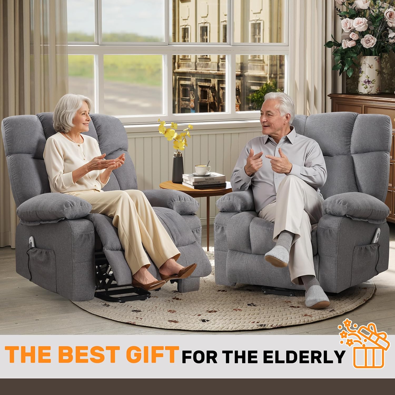 Power Lift Recliner Chair for Elderly, Big and Tall Lift Chair with Massage and Heat for Living Room, Fabric Electric Recliner Chairs with 4 Side Pockets, USB Charge Port,Grey