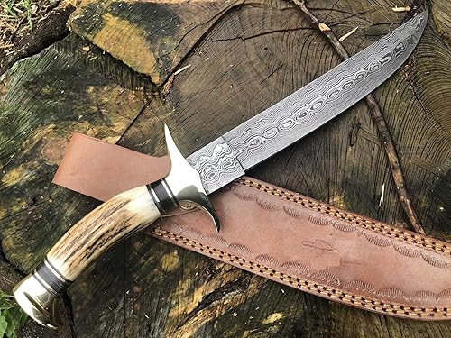 Perkin Cuchillo de caza hecho a mano de acero Damasco - Cuchillo de caza Beautifu con funda