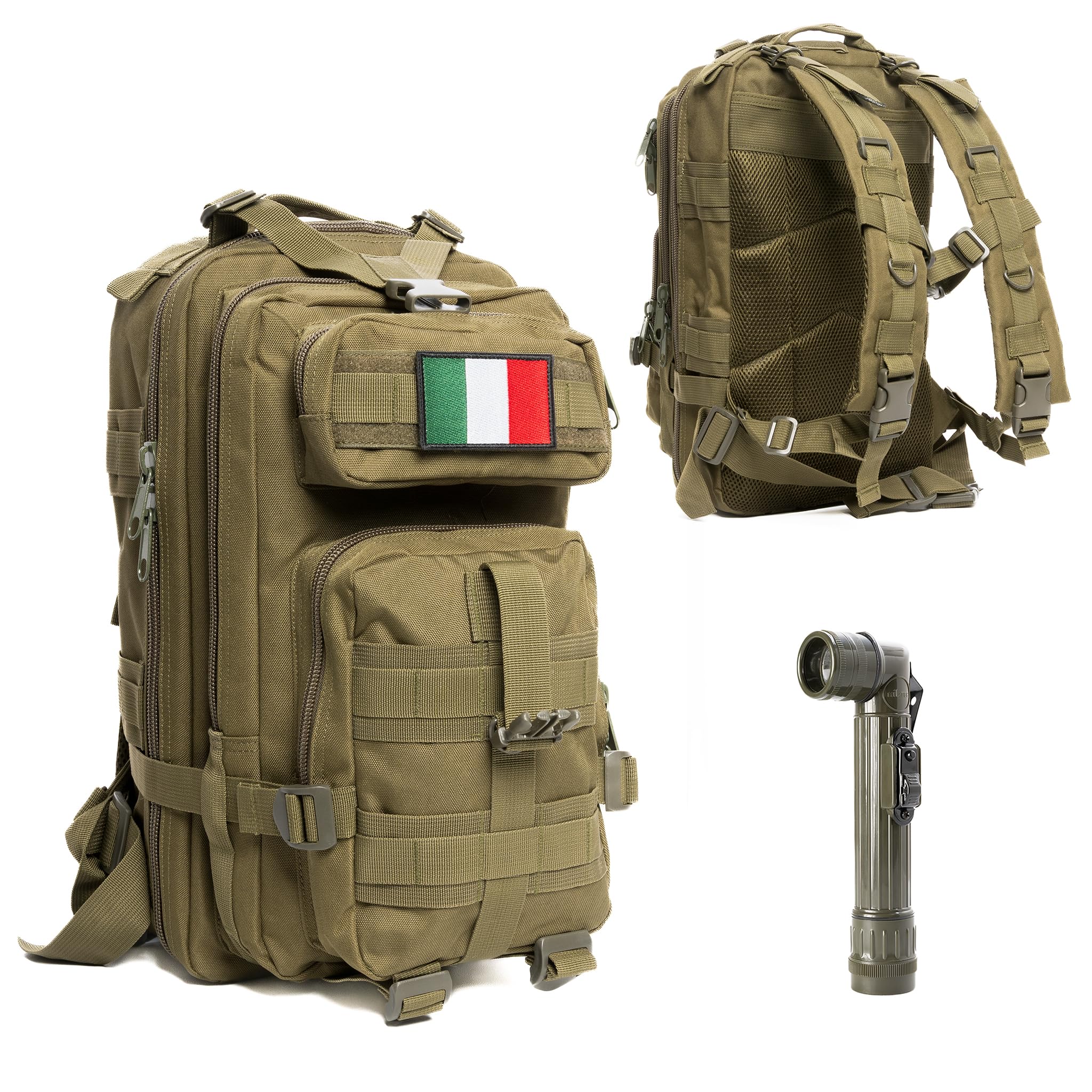 Generico Zaino Tattico Militare 30 Litri Professionale con Sistema Molle, Idrorepellente, Patch Bandiera Italiana e Torcia Tattica in Omaggio per Escursioni, Campeggio & Outdoor, cm 22X24X45