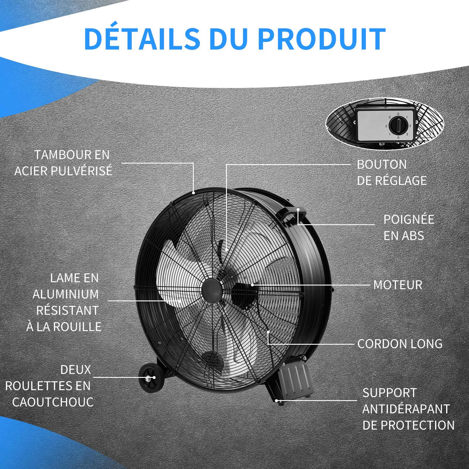 COSTWAY Ventilateur de Sol 24″ Industriel à Volume d'Air Elevé avec 3 Vitesses, 3 Pales en Aluminium, Moteur en Cuivre, Roulettes et Poignée Latérale