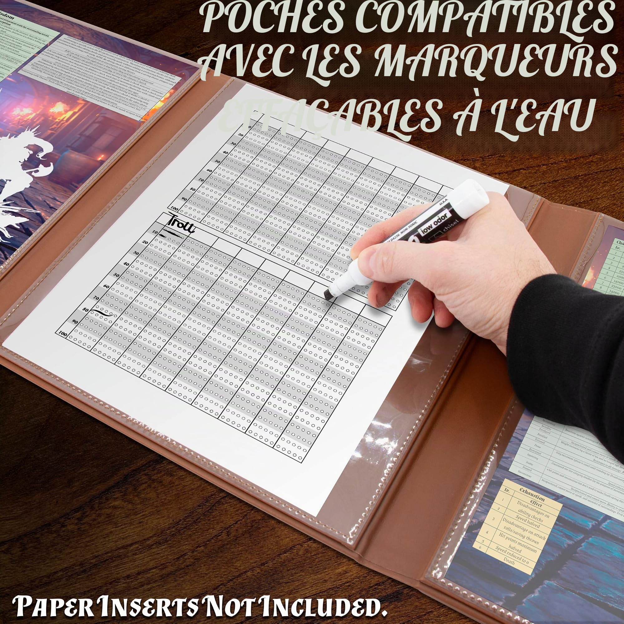 CASEMATIX DM Écran en Faux Cuir à 8 Panneaux Deluxe GM - Écran Pliable en Huit Panneaux pour Dungeon Master avec 2 Panneaux Basculants et Pochettes Effaçables à l'Eau pour TTRPG, Inserts Non Inclus