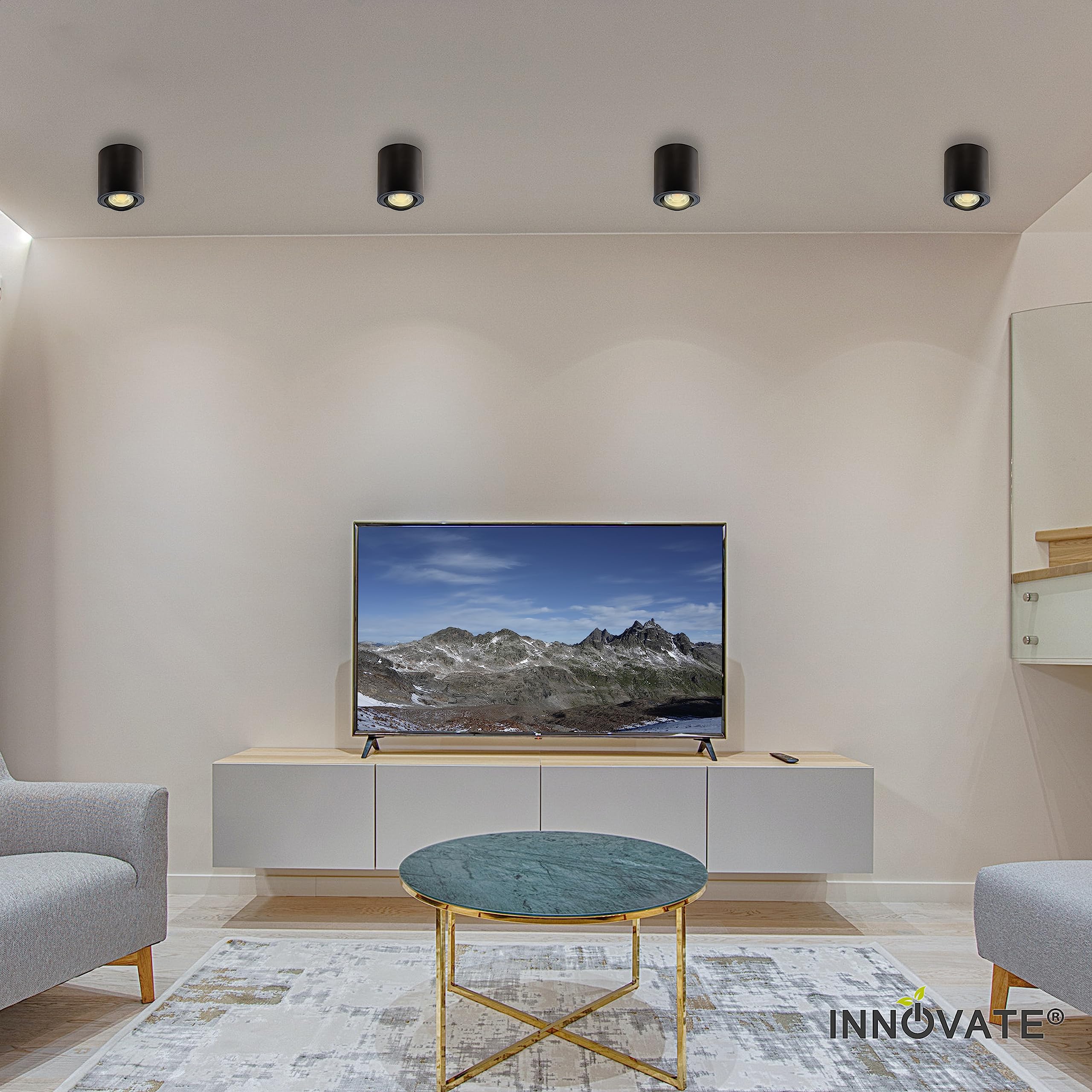INNOVATE LED Aufbauspot - 35° schwenkbare Aufbauleuchte - kompakter Aufputz Deckenspot - moderner IP20 Aufbaustrahler GU10 Fassung - flaches Downlight excl. Leuchtmittel (4 Stück, Schwarz Rund)