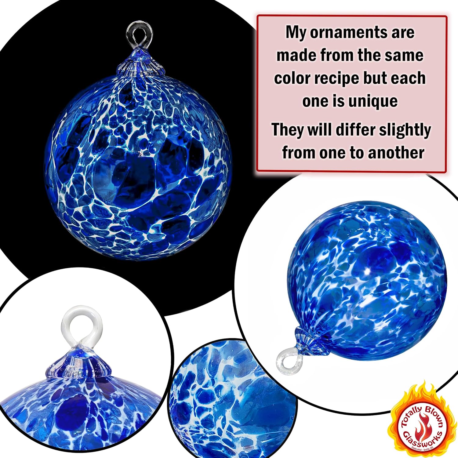 Totally Blown Glassworks Ornament, Handmade Blown Glass, Hanging Tree Holiday Décor, Sun Catcher, Witches Ball, Gazing Orb, Friendship Keepsake, Window Color. (Blue White Powder)