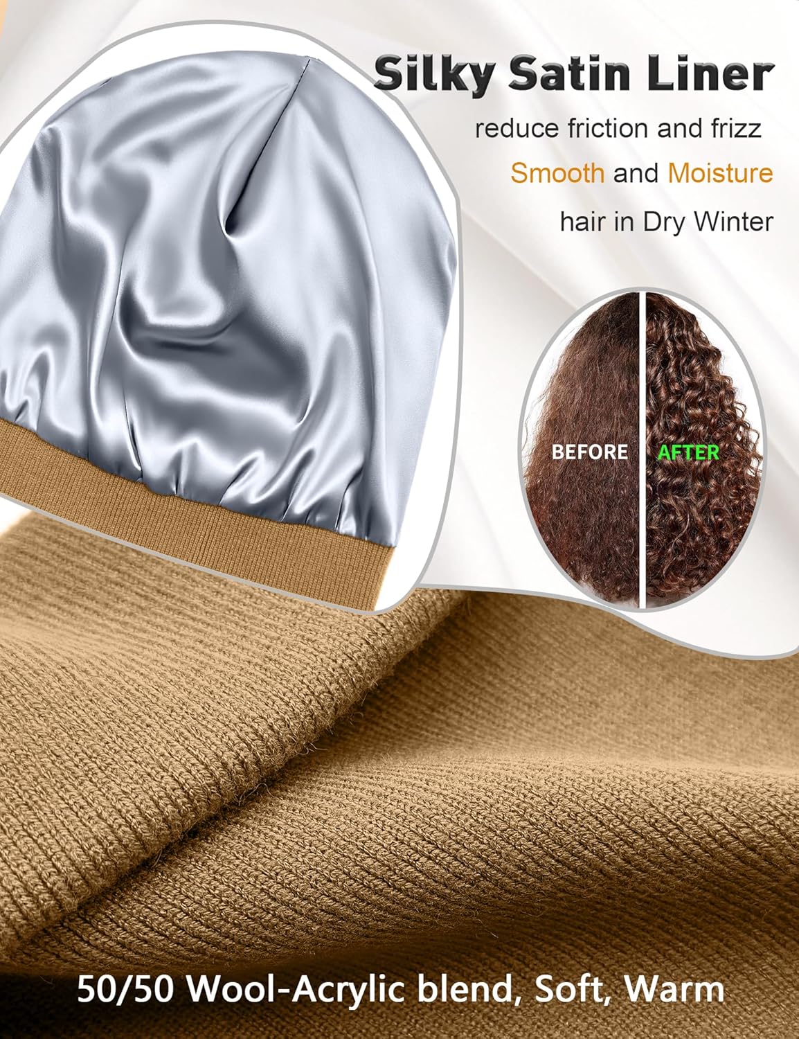 Satin Lined Wool Beanie Hat for Women Men Fall Winter Fashion, Warm Knit Cuffed Fisherman Skull Cap/Slouchy Beanie - Image 2