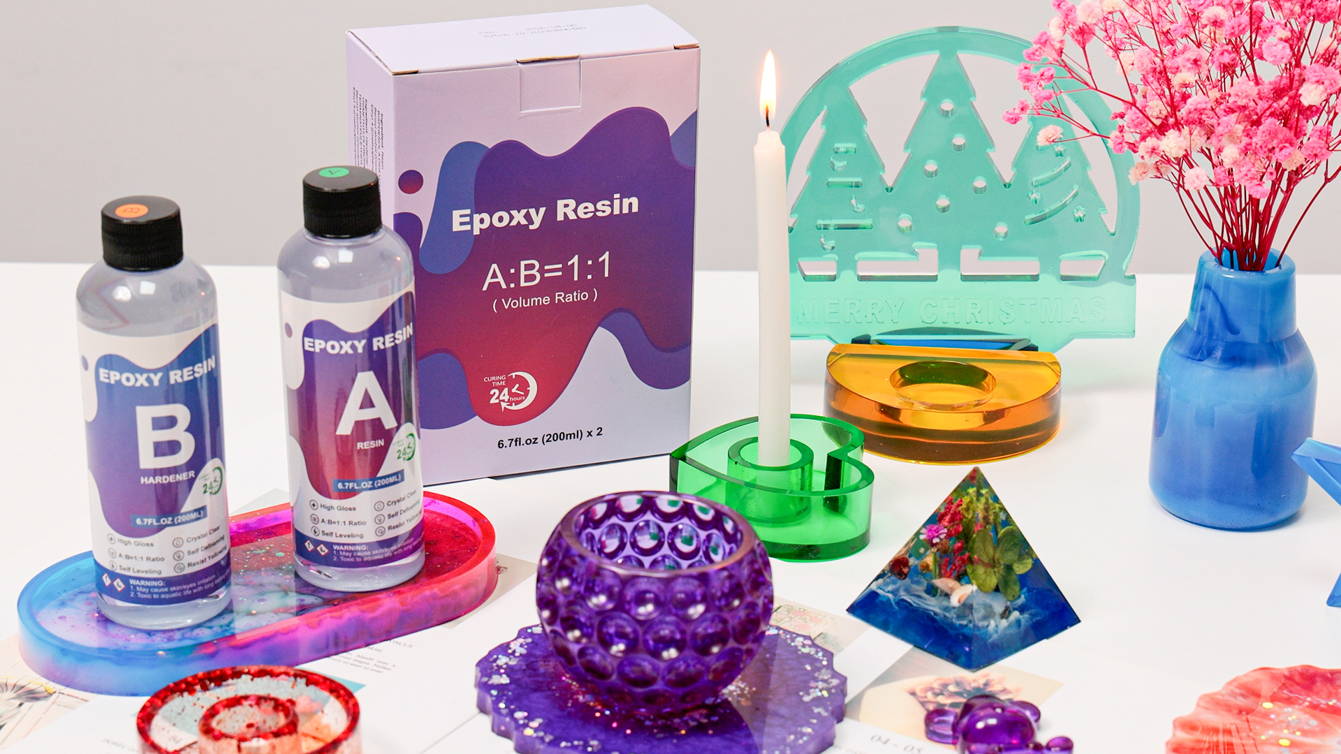 Kit Resina Epossidica Trasparente AOLLEN 400ml – Con Pigmenti, Glitter, Fiori Secchi, Stampi E Gioielli, Per Principianti