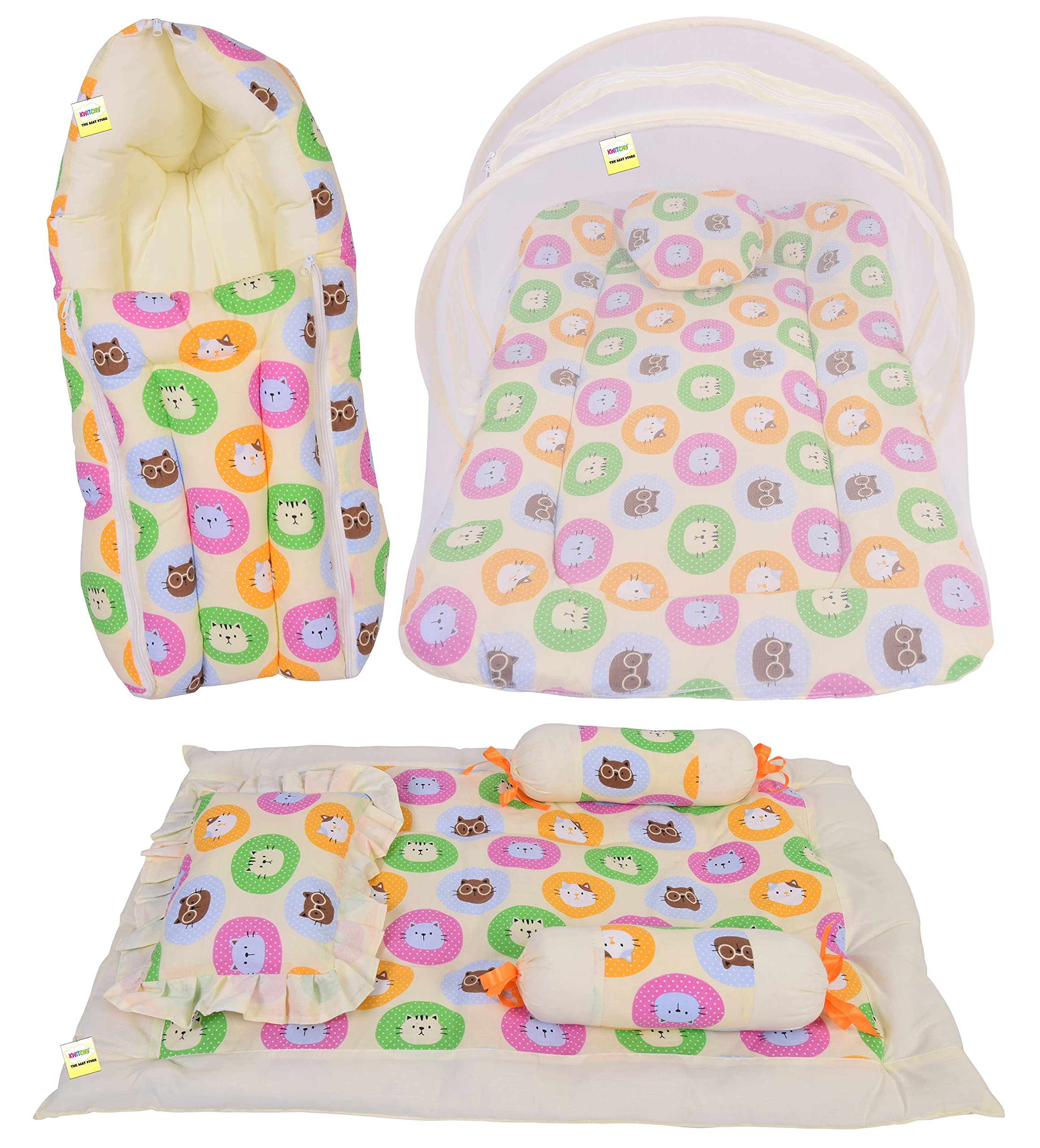 Kwitchy New Born Baby Bedding Combo of Mattress with Net | 4 Pcs Gadda Set (0-6 Months) Yellow (3PCS Set)