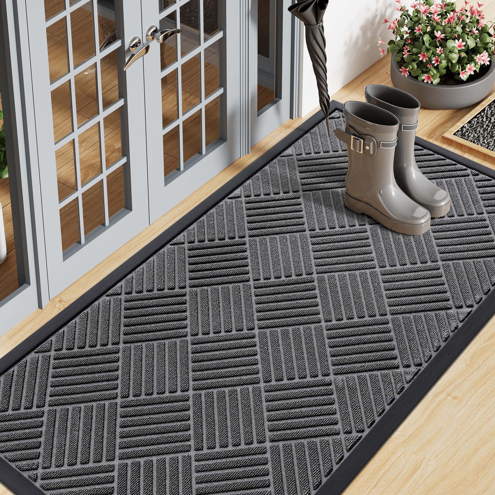 Smiry Front Door Mat Outside Entrance, Heavy Duty Outdoor Indoor Natural Rubber Doormat, Non Slip, Trap Dirt and Moisture, Easy Clean, Low Profile Patio Porch Entryway Mat, 59x20, Grey