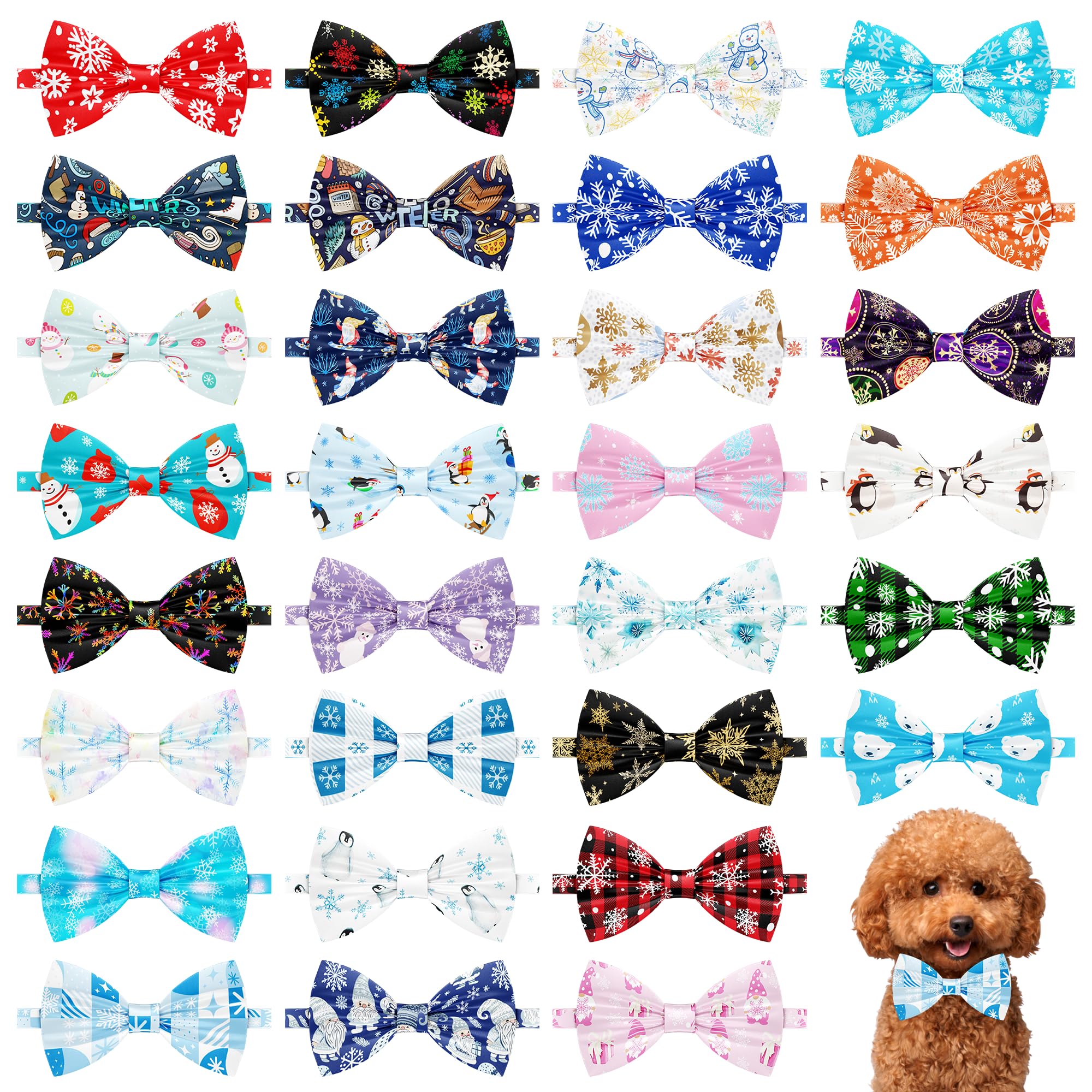 Pai Sence 30 PCS Winter Dog Bow Ties for Small Dogs Winter Dogs Bowties Bulk with Adjustable Ties Bow Ties Xs Cats Puppy Party Grooming S