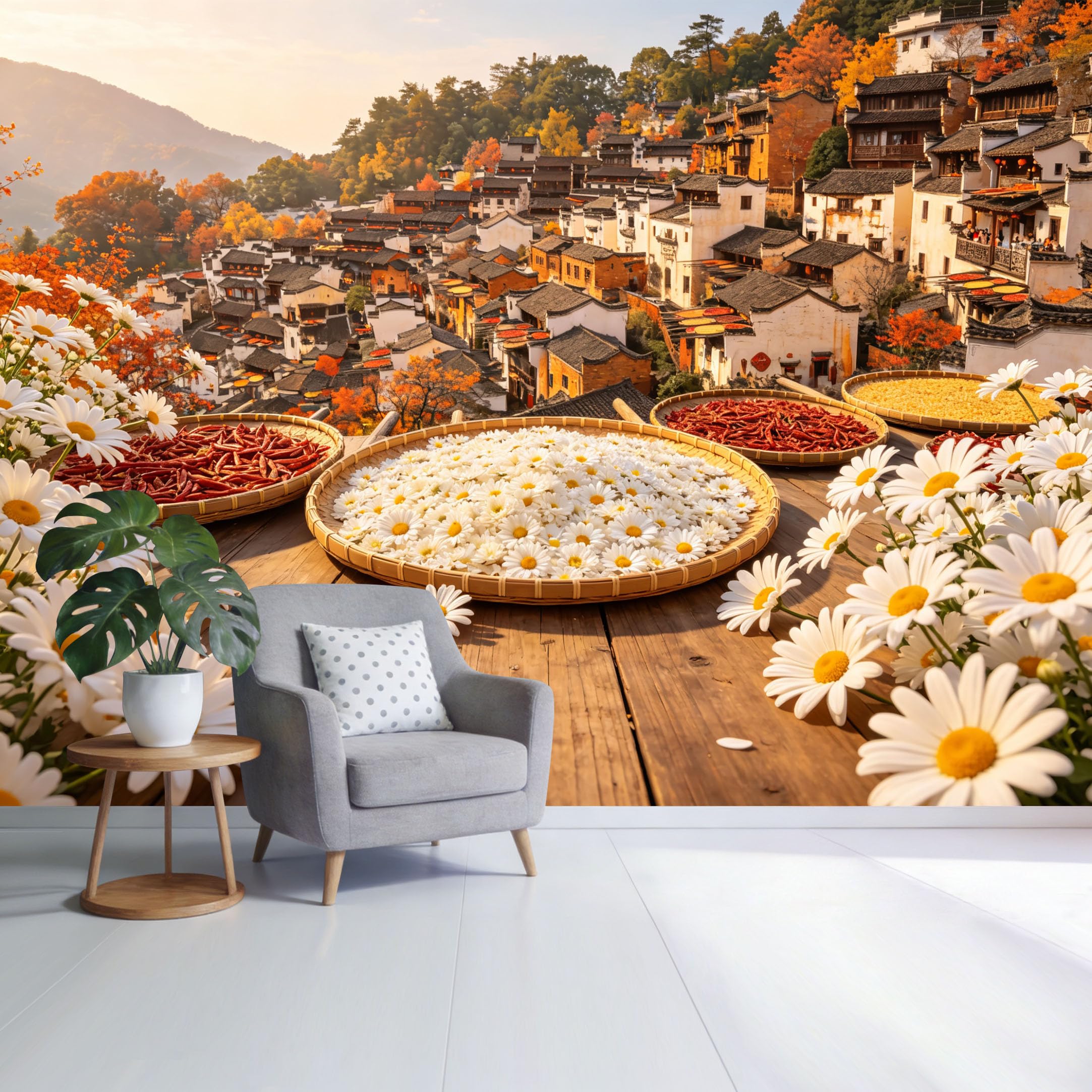Custom Size Wall Mural Autumn Village Landscape Daisy Flower Harvest Scene SelfAdhesive Wall Fabric Removable Wallpaper for Home Office Decor