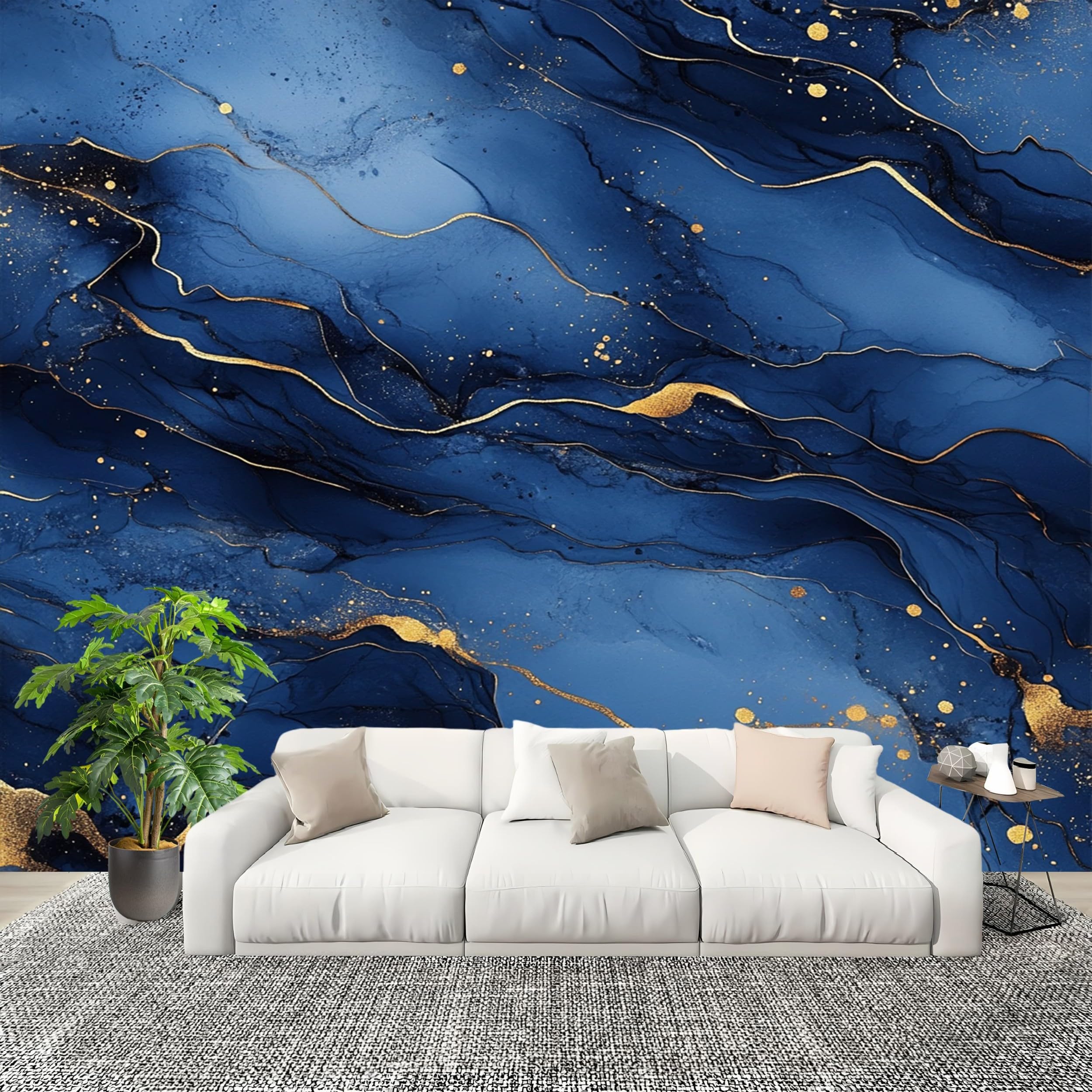 Tapeta panoramiczna 350 x 256 cm, luksusowe linie marmuru, fototapeta, neutralna zapachowa i usuwalna, bezszwowe łączenie, "zrób to sam", obraz ścienny, niebieska, do salonu, wynajmowanego mieszkania