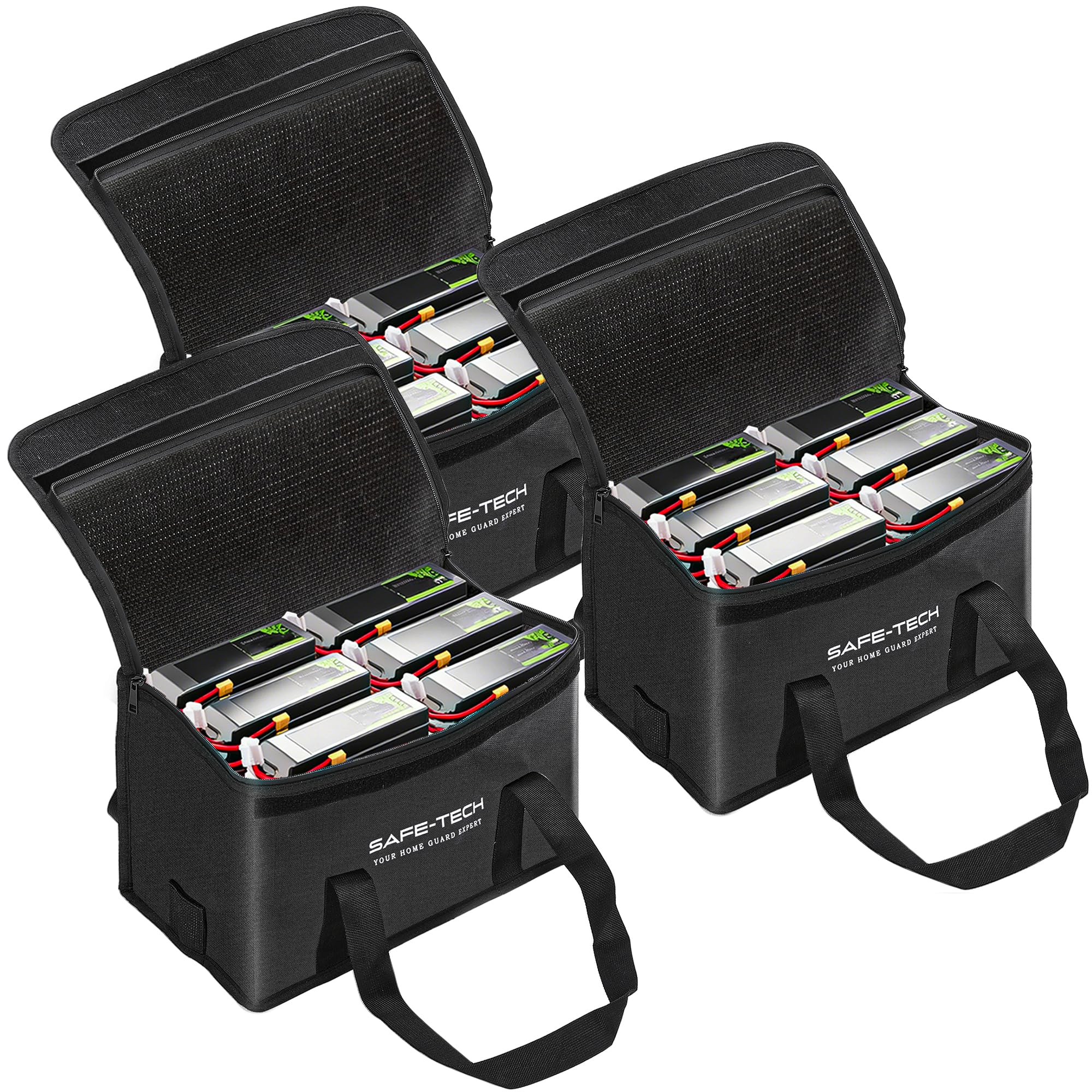 SAFE-TECH 3 Pack Upgraded Lithium Battery Safety Bags, NHS Approved, SGS 800°C Tested Fireproof Battery Storage Cases, UL94 5VA Explosion Resistant Lipo Safe Bags