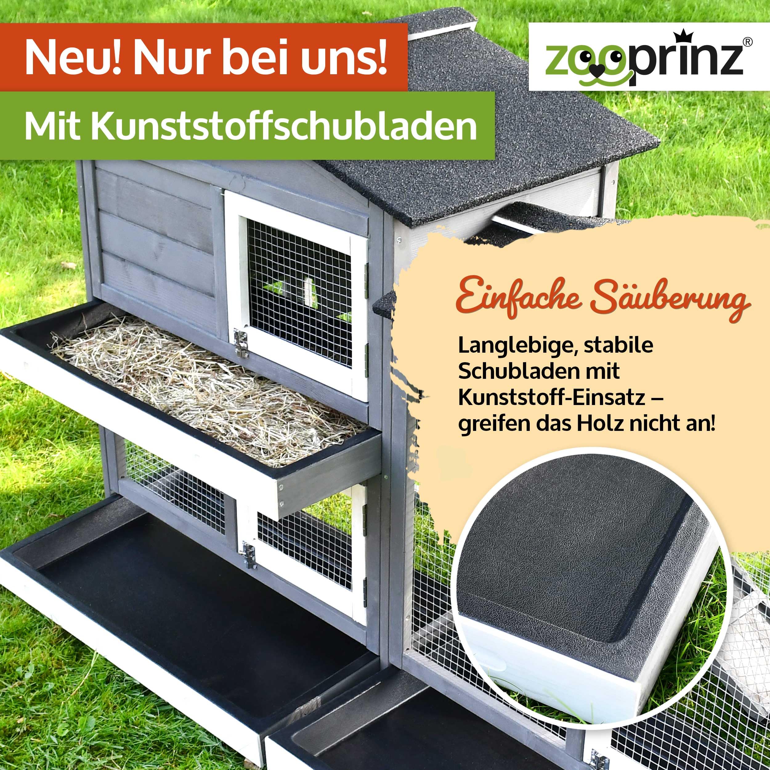 zooprinz Kaninchenstall Rudy mit Boden – 3 Schubladen mit Kunststoffeinsatz – Schnell zu reinigen des Hasenstall - aus dickem Holz ideal für drinnen & draußen– Doppelstöckiger Kleintierstall