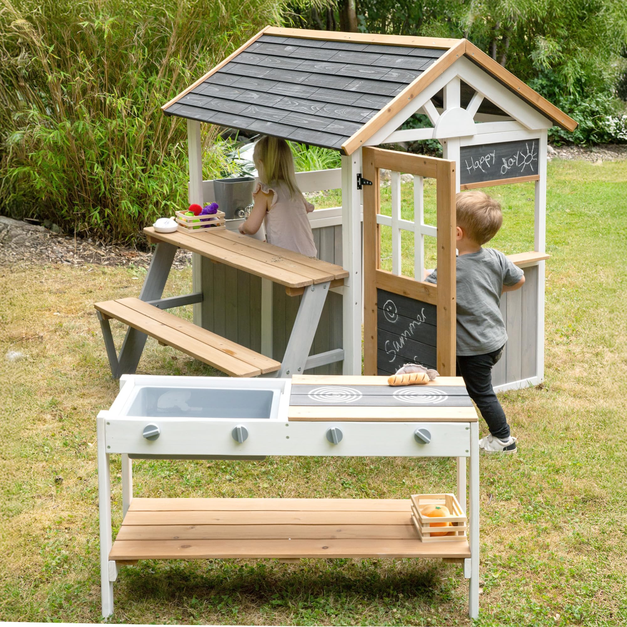 roba Spielküchenerweiterung für Spielhaus - Outdoor-Kinderküche weiß-braun mit BBQ- und Kochplatten - Zubehör für Garten-Spielhaus ab 18 Monaten - Mit Spielwannen & Drehknöpfen - Holz wetterfest