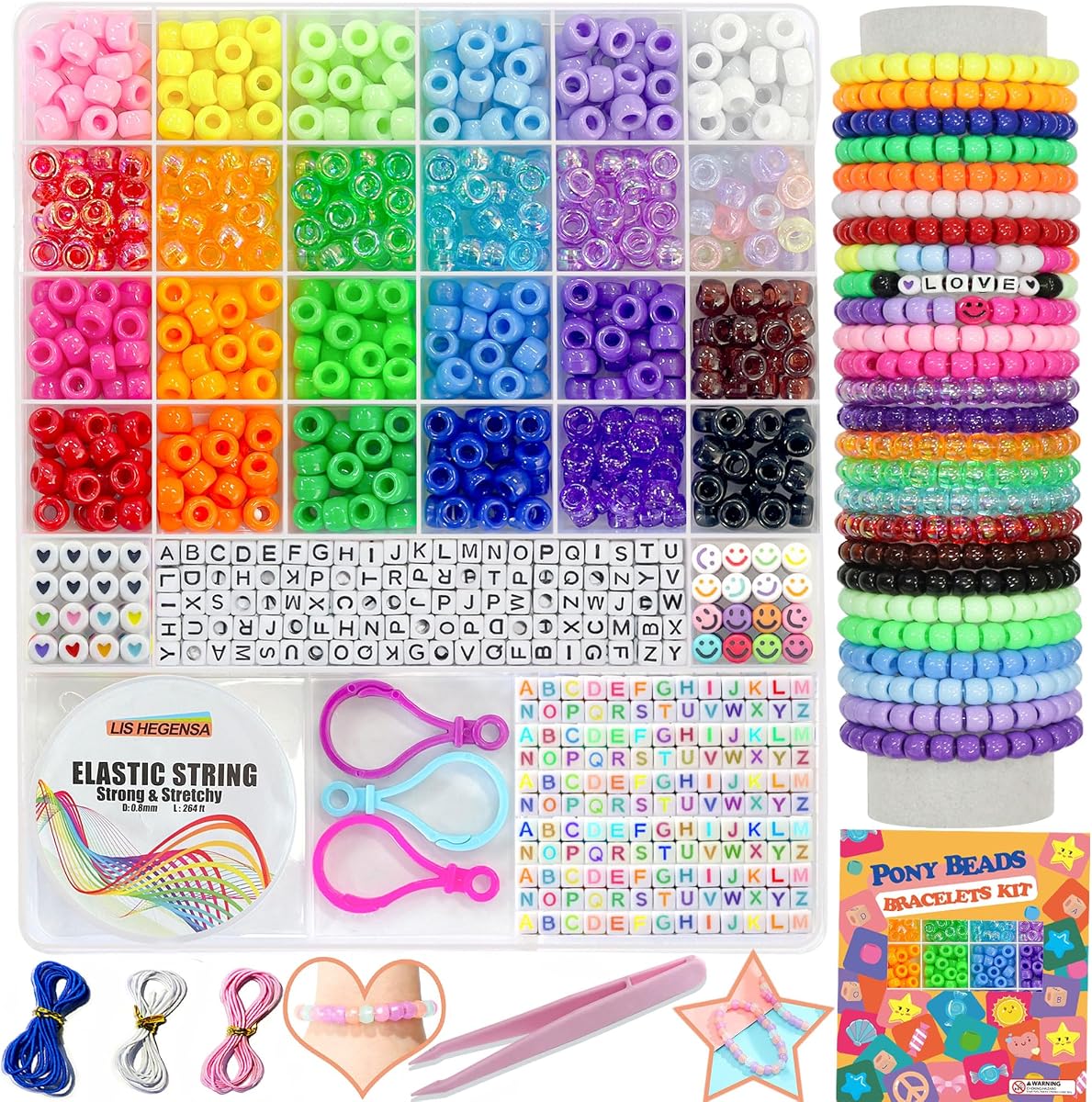LIS HEGENSA 24Color 1000PCS Kandi Pony Beads Bracelets Jewelry Making Kits | Necklace Hair Braiding Letter Beads and Charms for DIY Hair Braiding, Craft and Gift for Girls