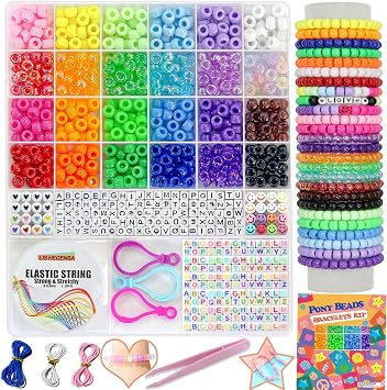 LIS HEGENSA 24Color 1000PCS Kandi Pony Beads Bracelets Jewelry Making Kits | Necklace Hair Braiding Letter Beads and Charms for DIY Hair Braiding, Craft and Gift for Girls