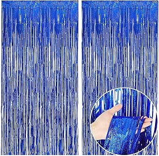 Tinsel Curtain Party Backdrop Blue Birthday Party Decorations 2 Packs Glitter Foil Fringe Curtain Party Decor Streamers Photo Booth for Birthday Christmas Wedding Halloween Graduation Decorations
