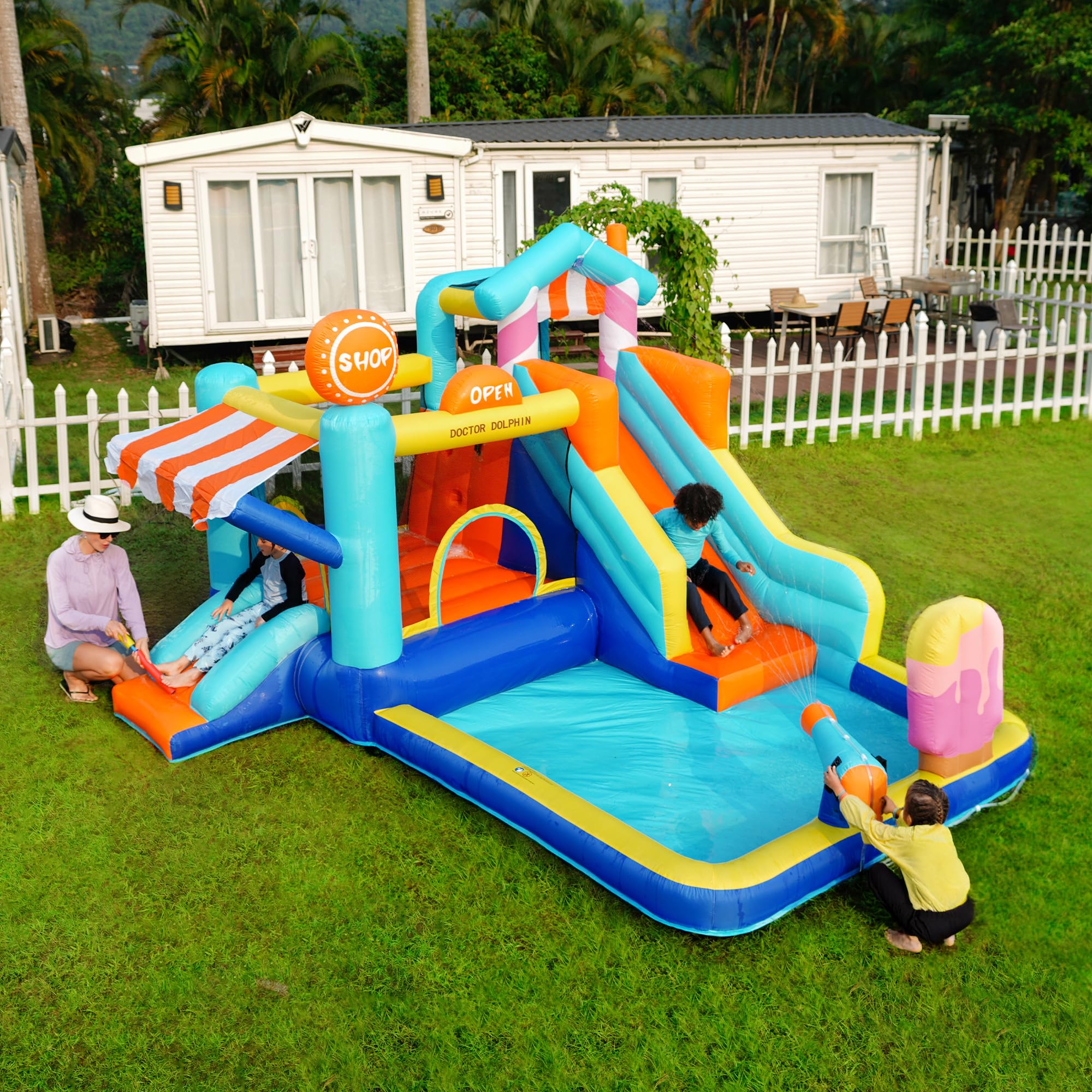 Castillo hinchable hinchable 395 x 340 x 236 cm con tobogán acuático y trampolín – Parque acuático para niños con piscina infantil, sopladores, pistolas de agua, mojado/seco, interior y exterior, a