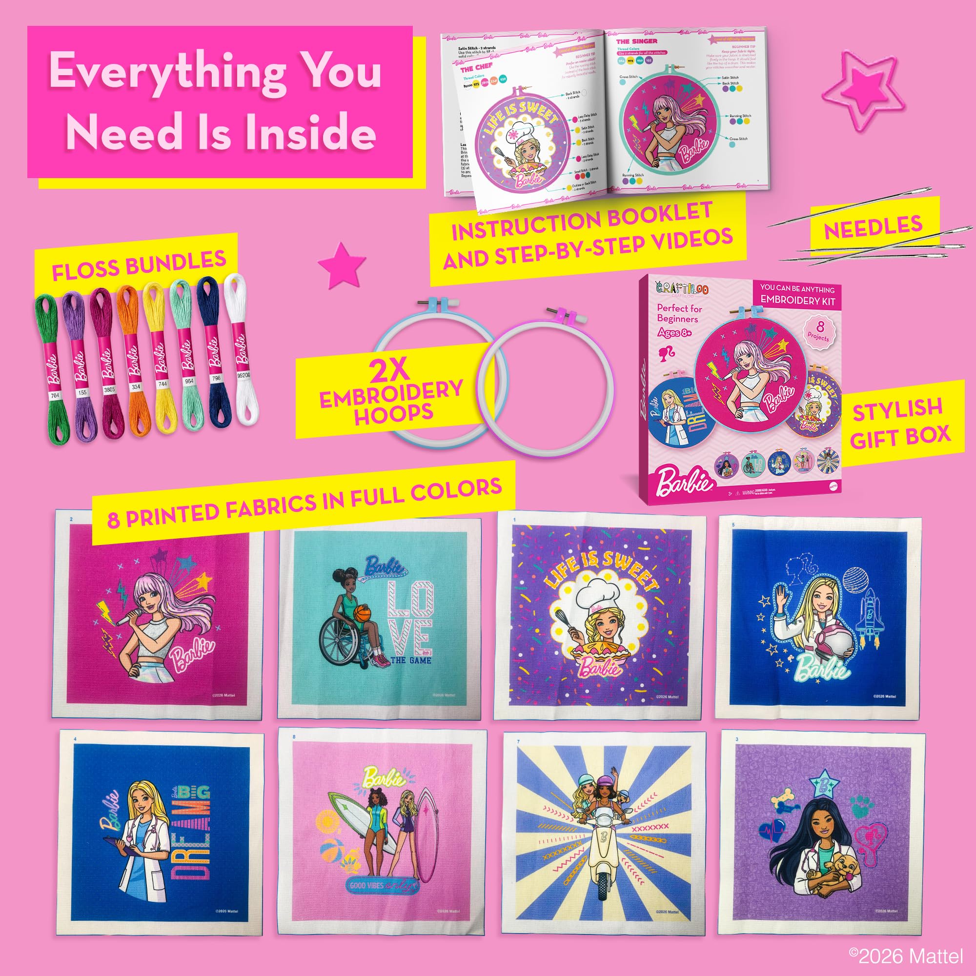 Barbie Kit de broderie pour enfants – Kit de bricolage pour filles de 8 à 12 ans avec 8 motifs, 2 cerceaux, aiguilles, fil – Ensemble complet de couture et d'artisanat, cadeau d'anniversaire
