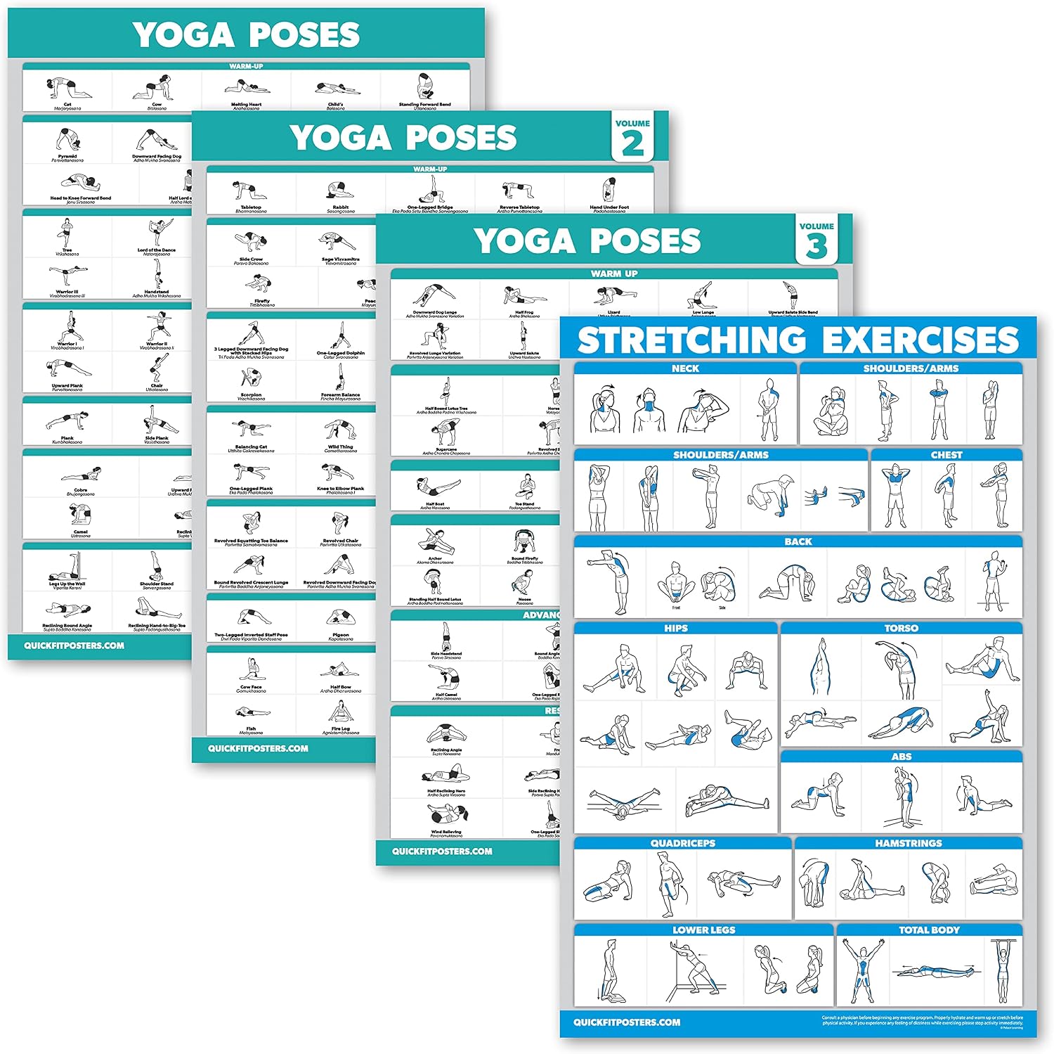 Palace Learning 4 Pack: Yoga Poses Posters Volume 1, 2 & 3 + Stretching Workout Exercise Chart
