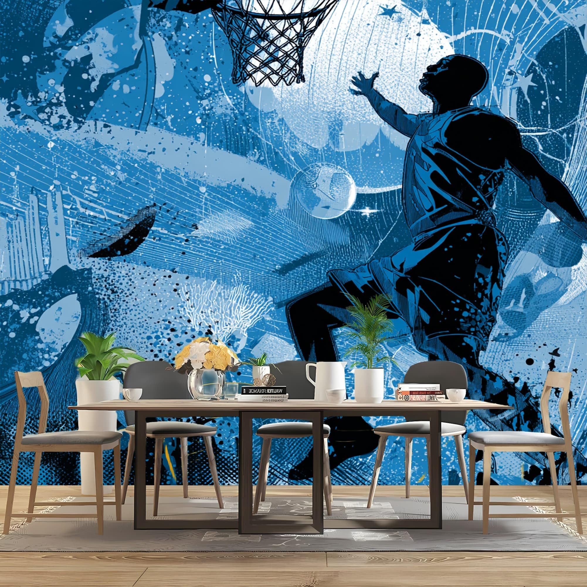 Générique Panoramiczna tapeta 3D 300 x 210 cm wzór sportowy koszykówka włóknina ścienna niebieski plakat ścienny do salonu dorosły pokój dziecięcy dekoracja gabinetu