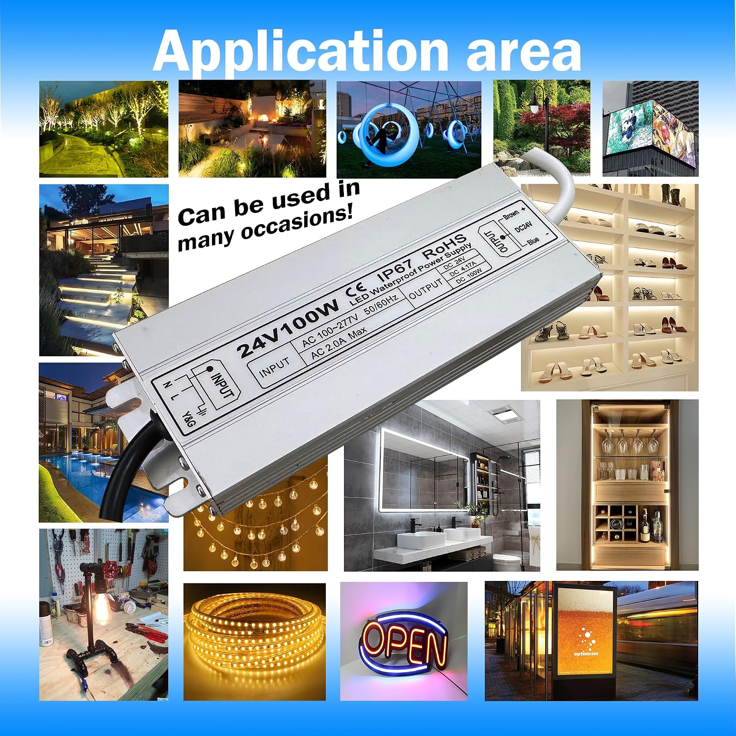 Led Driver 24V Led Transformer 100W IP67 Waterproof Power Supply Ultra Thin 0.78in 100-277V AC to 24Vdc Low Voltage Transformers with 3-Prong Plug 3.3 Feet Cable Indoor Outdoor LED Light