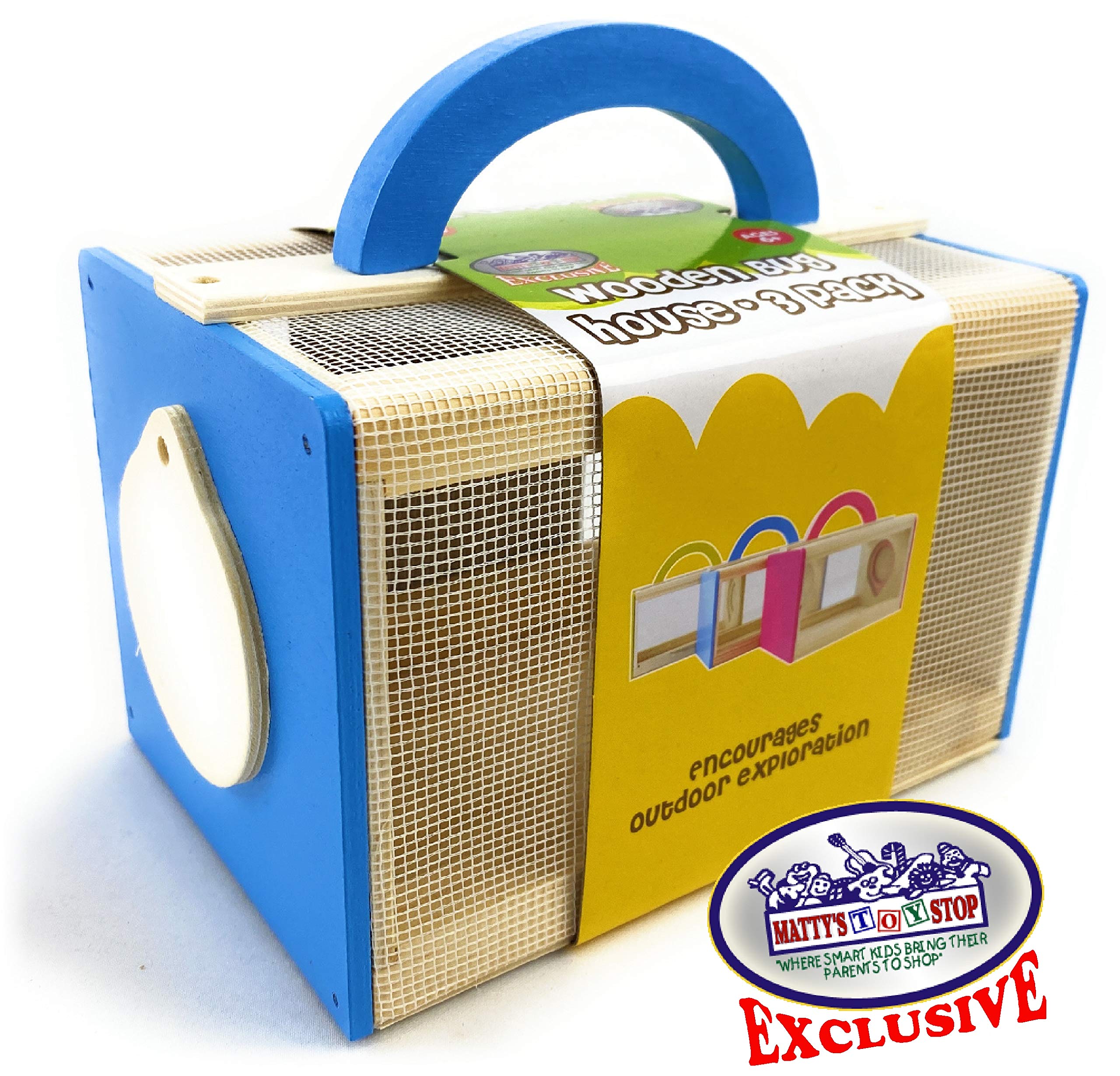 Matty's Toy Stop Wooden Bug House Insect Critter Cages with Handles in Blue, Red & Yellow (3 Pack) - Image 5