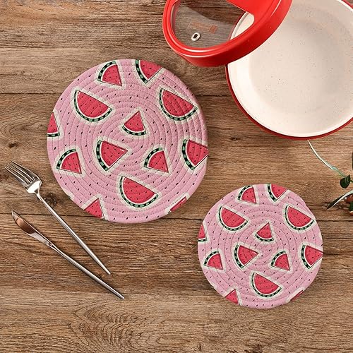 Miniatura 7 de Juego de 2 soportes para ollas de cocina color rosa sandía, salvamanteles de dibujos animados de verano, juego de alfombrillas de algodón puro con