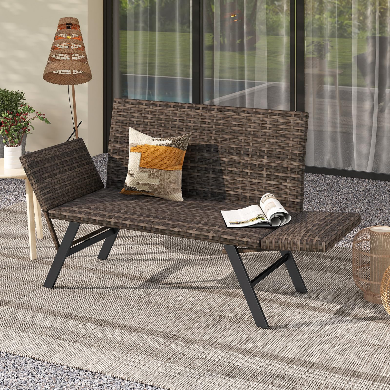 GIANTEX Divano da giardino in rattan a 2 posti, panca convertibile da esterno con braccioli regolabili, design intrecciato, lunghezza 163-178 cm, carico 300 kg, lettino da giardino per terrazza