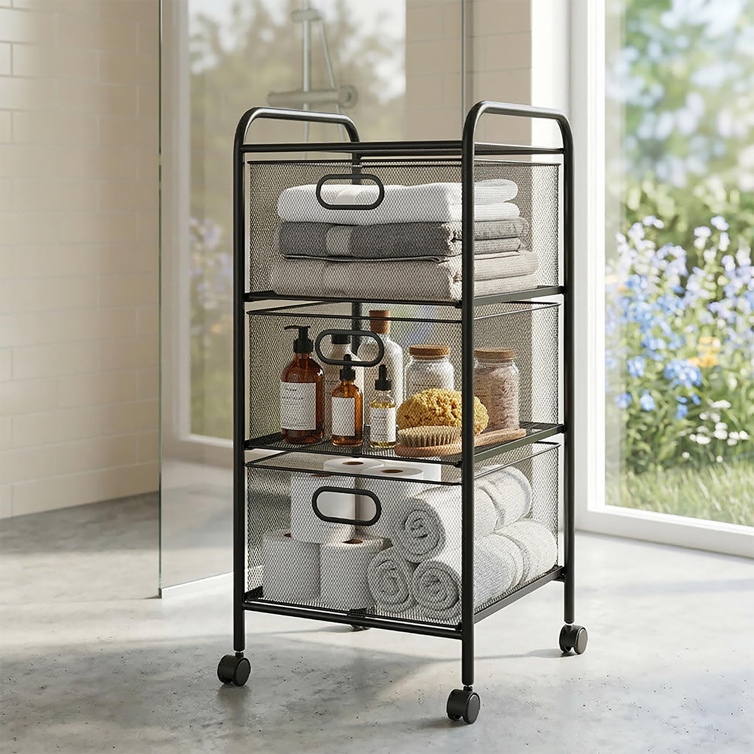 Relaxdays Carrello, 3 cassetti, metallo, AxLxP: 63 x 33 x 31,5 cm, 4 ruote, bagno, cucina, carrello multiuso, nero