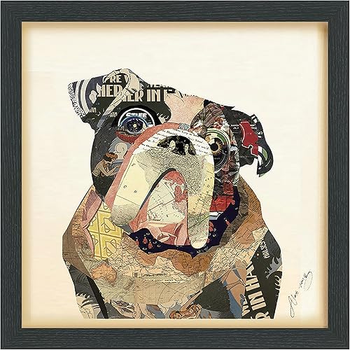 Empire Art Direct Arte gráfico enmarcado con collage dimensional de bulldog inglés debajo de cristal, listo para colgar, sala de estar, dormitorio y