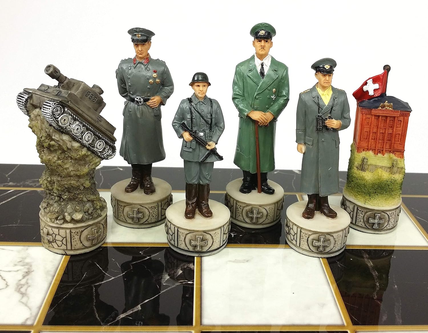 World War 2 US vs Germany Chess Set Hand Painted with 17" Black & White Faux Marble Alpha Numeric Board WW2
