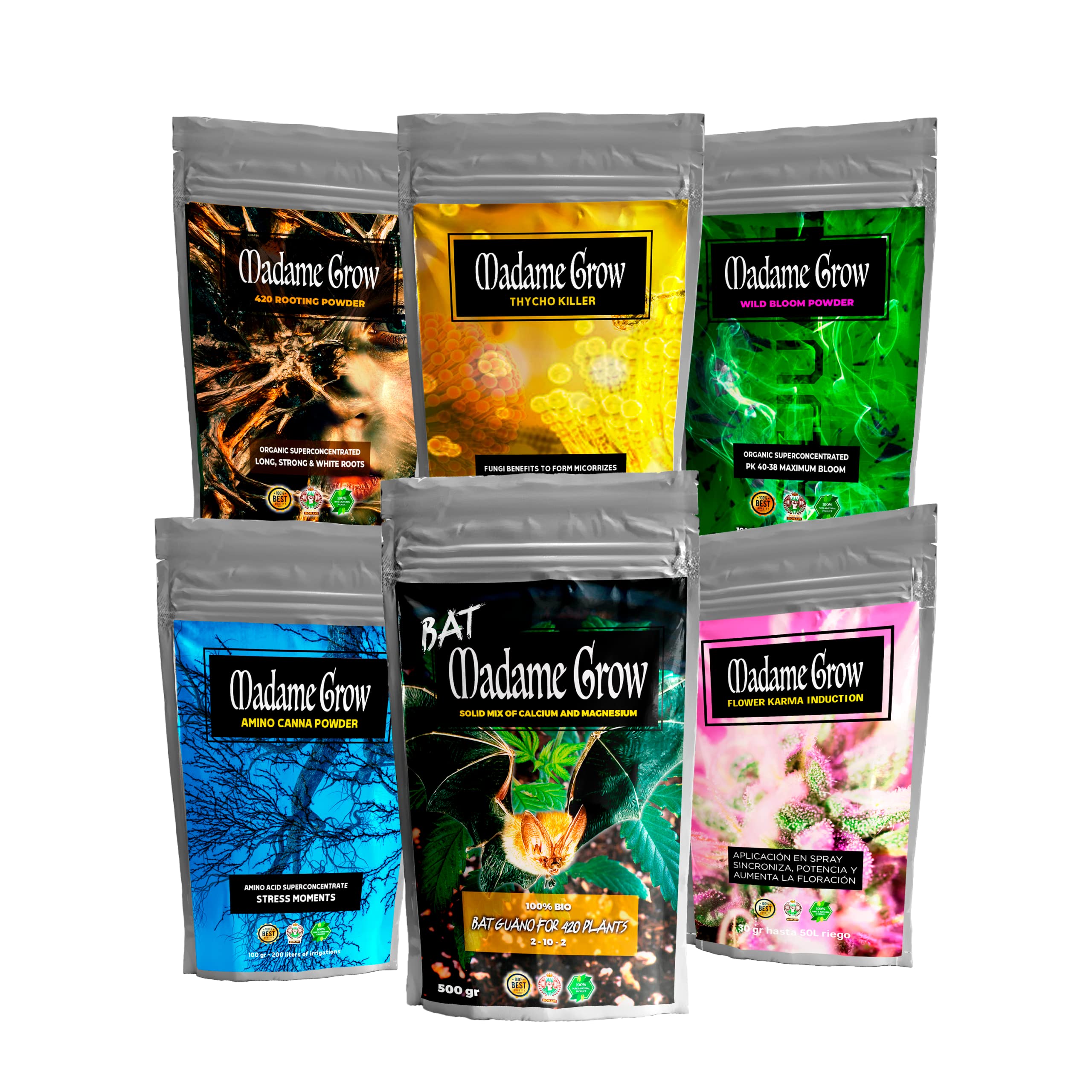 SIX PACK POWDER - Fertilizzanti Bio in polvere - idrosolubili in acqua - Piante Terapéutiche - Guano, crescita, Florazione, Energia e Micorza (500+3x100+50+30 g)