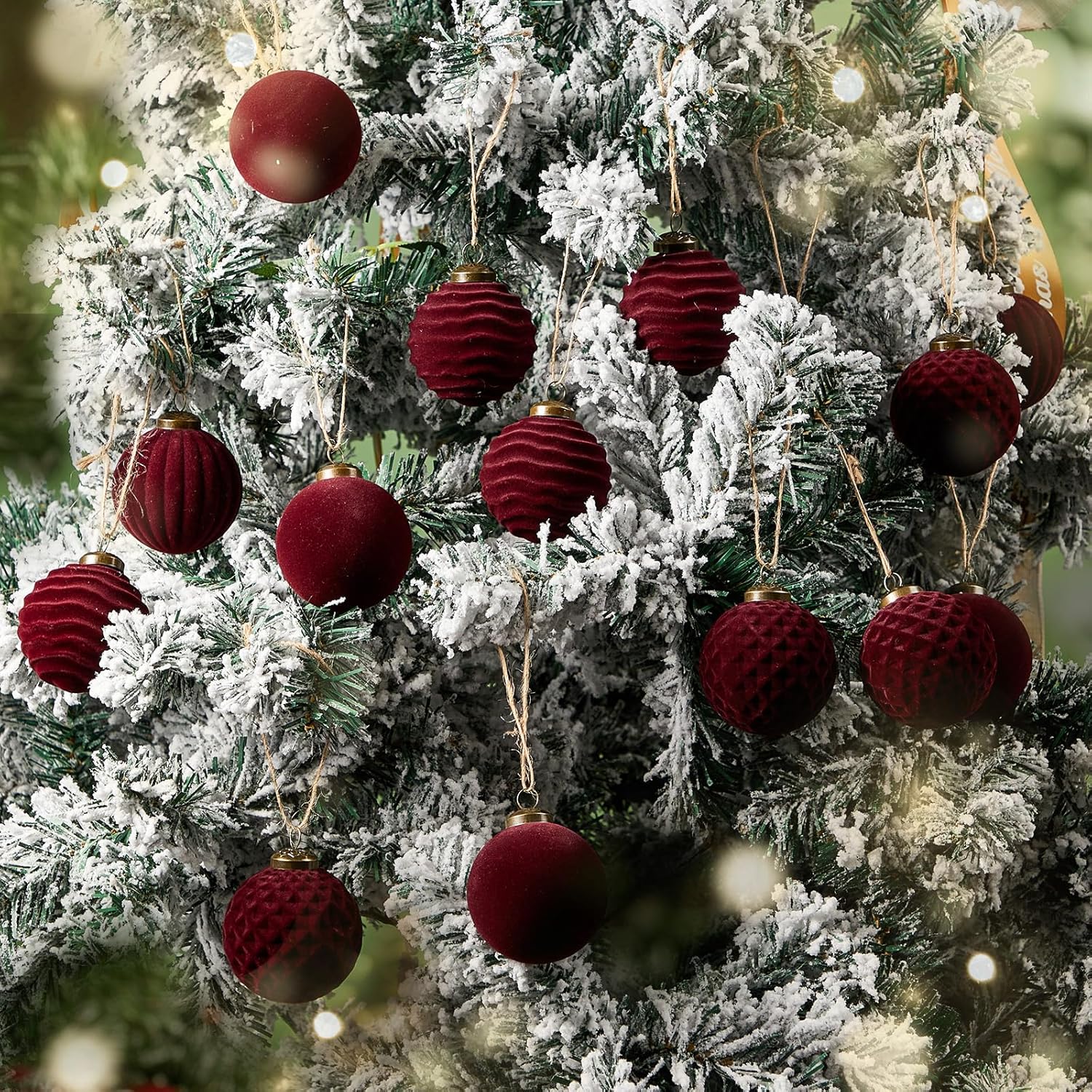 24 Pcs Light Scented Velvet Christmas Balls Bulk Winter Fir Scent Flocked Christmas Tree Ball Ornaments Hanging Baubles for Xmas Holiday Home Gift Yard Decor (Burgundy 2.36 Inch)