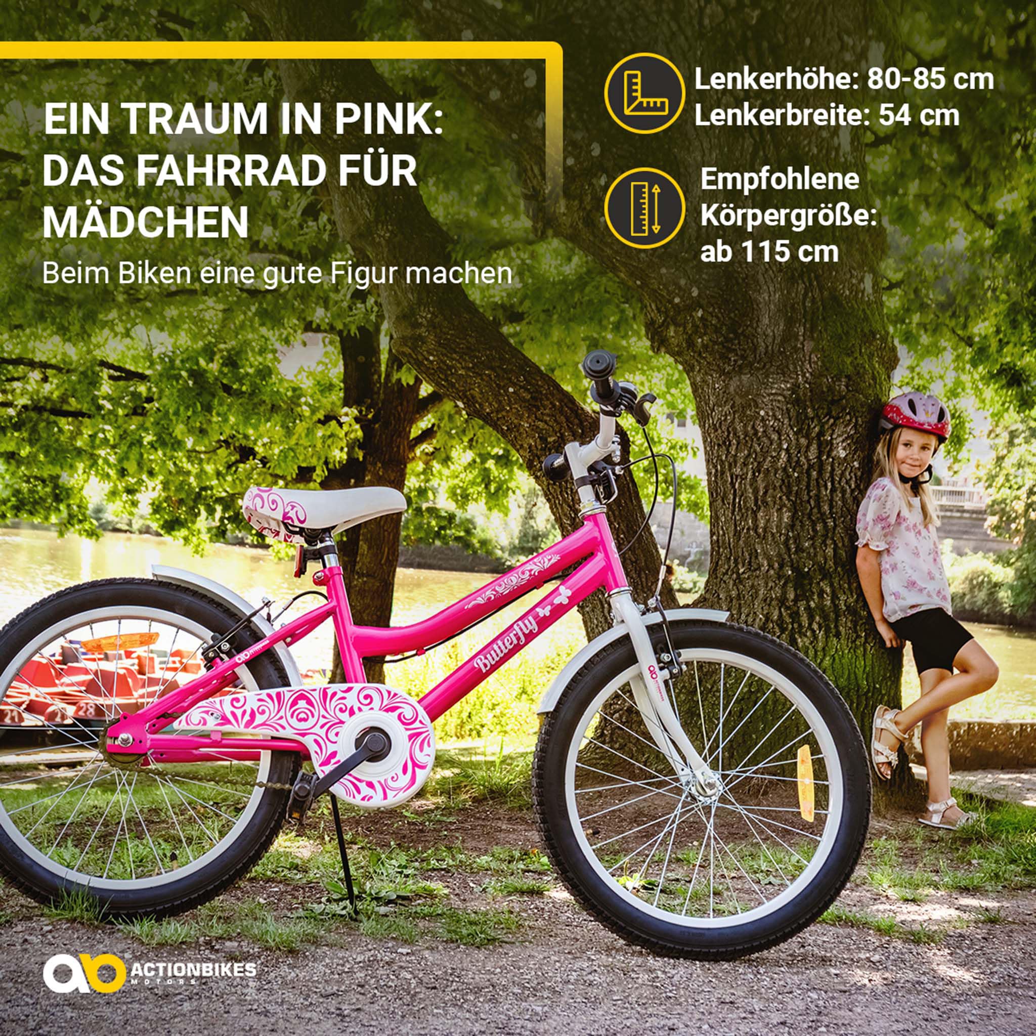 Actionbikes Kinderfahrrad Butterfly | 20 Zoll - V-Brake Bremsen - Schutzblech v. und h. - Kinder Fahrrad für Mädchen - Fahrräder - Kinderrad - Jugendrad - Von 6-9 Jahren