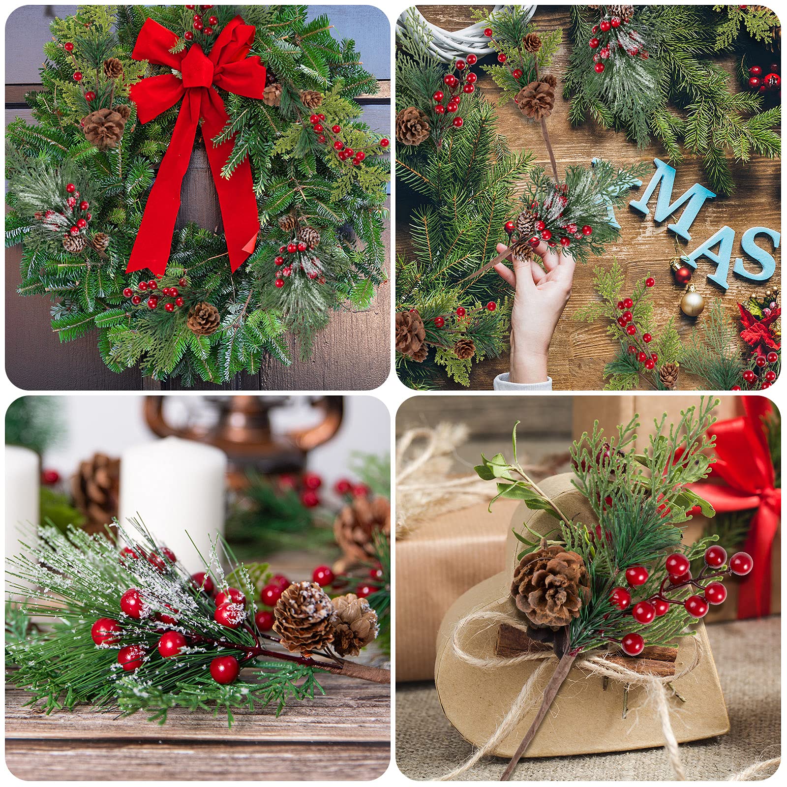 AnyDesign Weihnachtsspieße, künstliche Beeren, Tannenzapfen, Stiele, 4 Stile, künstliche Tannenzapfen, rote Beeren, Stiel, Sprühzweige für Kunst, Handwerk, Kranz, Girlande, Weihnachtsdekoration