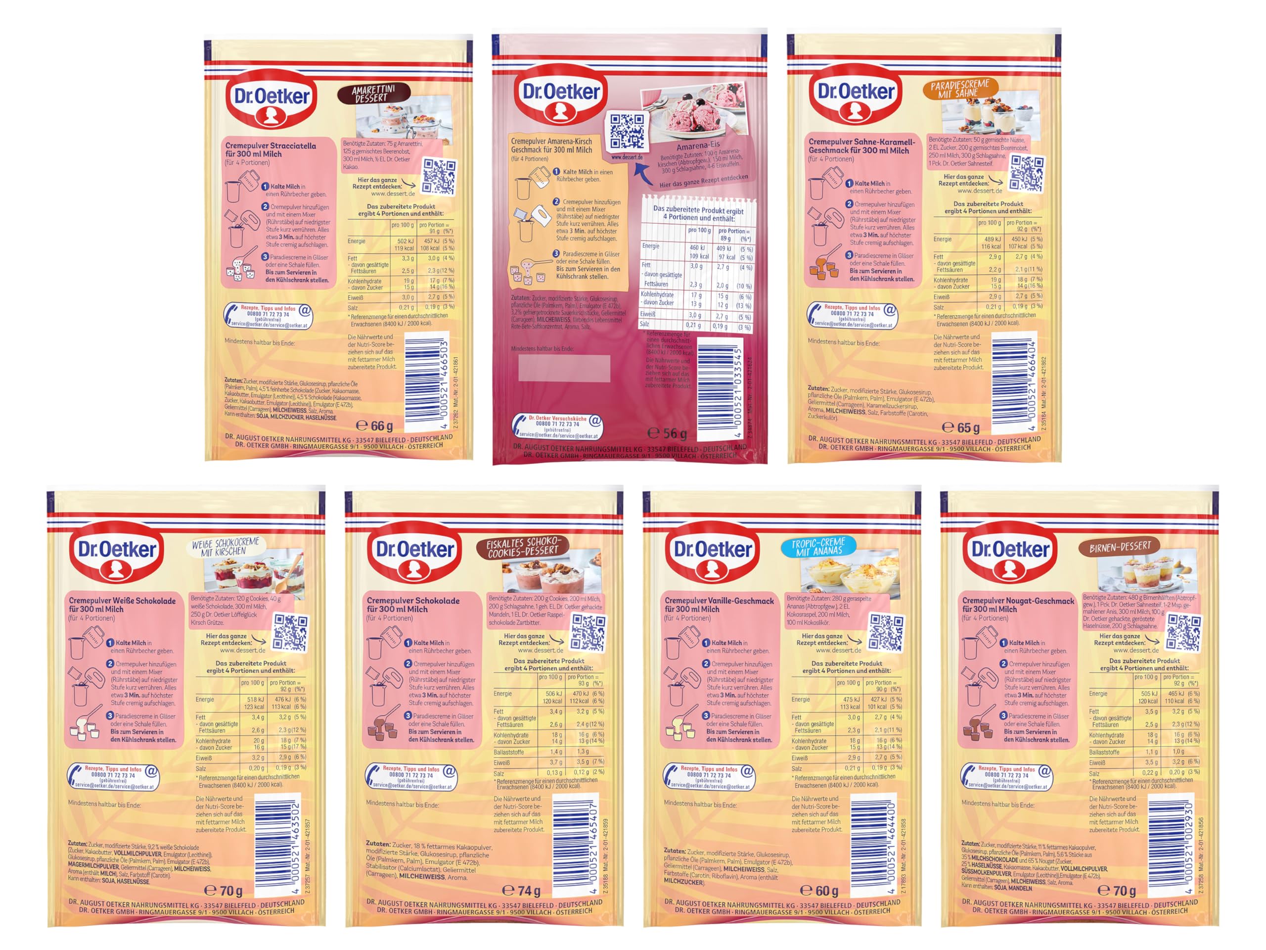 Dr. Oetker Paradies Creme im 21er Probier-Set Cremiges Dessert ohne Kochen, in unseren Sorten Vanille, Schokolade, Stracciatella, Nougat, Weiße Schokolade, Sahne-Karamell und Amarena Kirsch