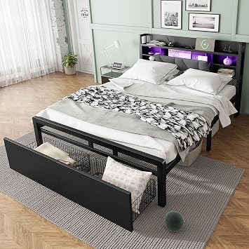 Aptliton Storage Bed, Double Bed Frame with LED Lights & Charging Ports, 4ft6 Metal Bed Frame Black, Queen Size 135x190cm - Soft Padded Headboard & Wheeled Storage Drawers