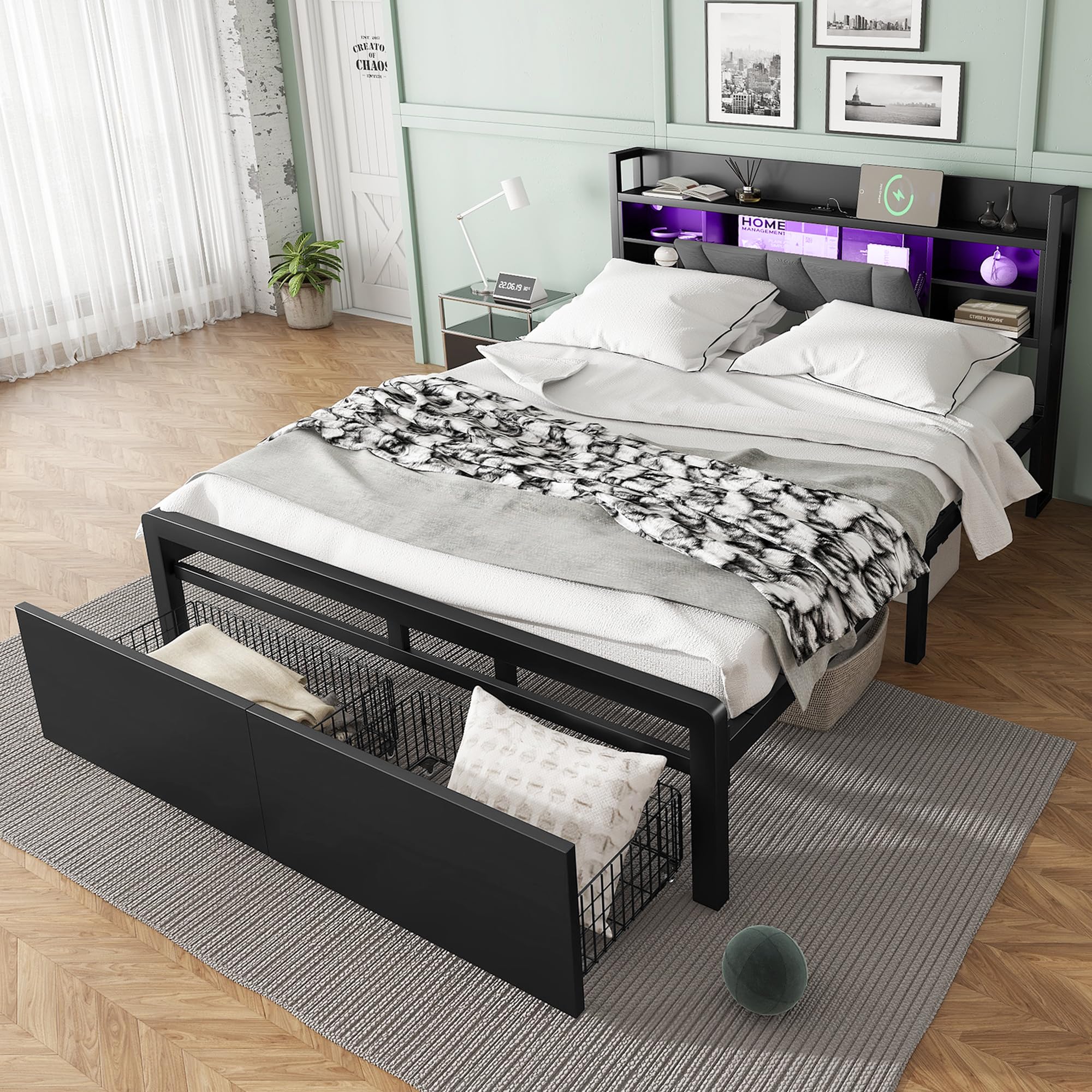 Merax Double bed frame with Storage, 4ft6 Double Metal Bed with 2 Drawers, LED light strip, 3 USB charge port, Soft storage Headboard, for adults&teenagers(No Mattress), Black+Grey/135CM*190CM โ image 1